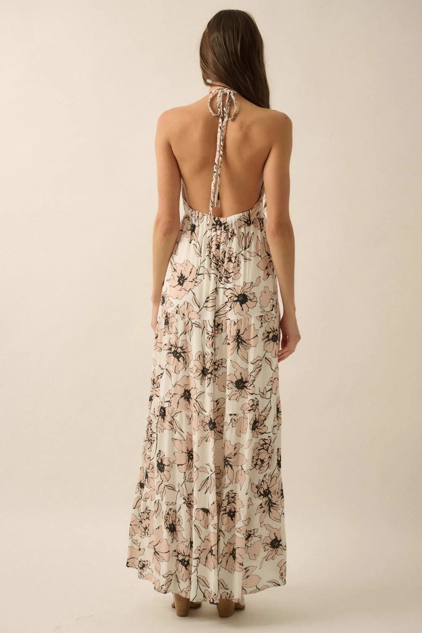 Blown Away Floral Crepe Tiered Halter Maxi Dress