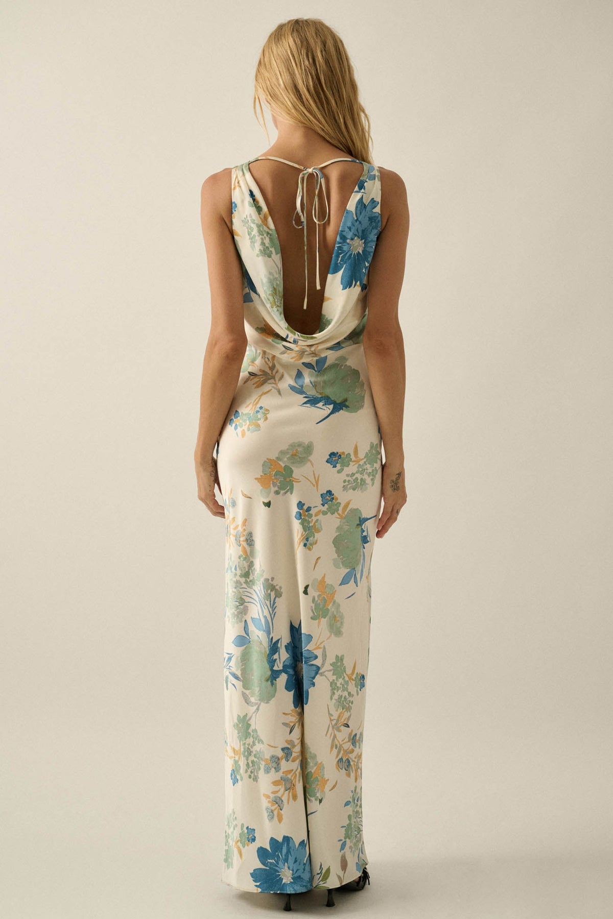 Silky Petals Floral Satin Cowl-Back Maxi Dress