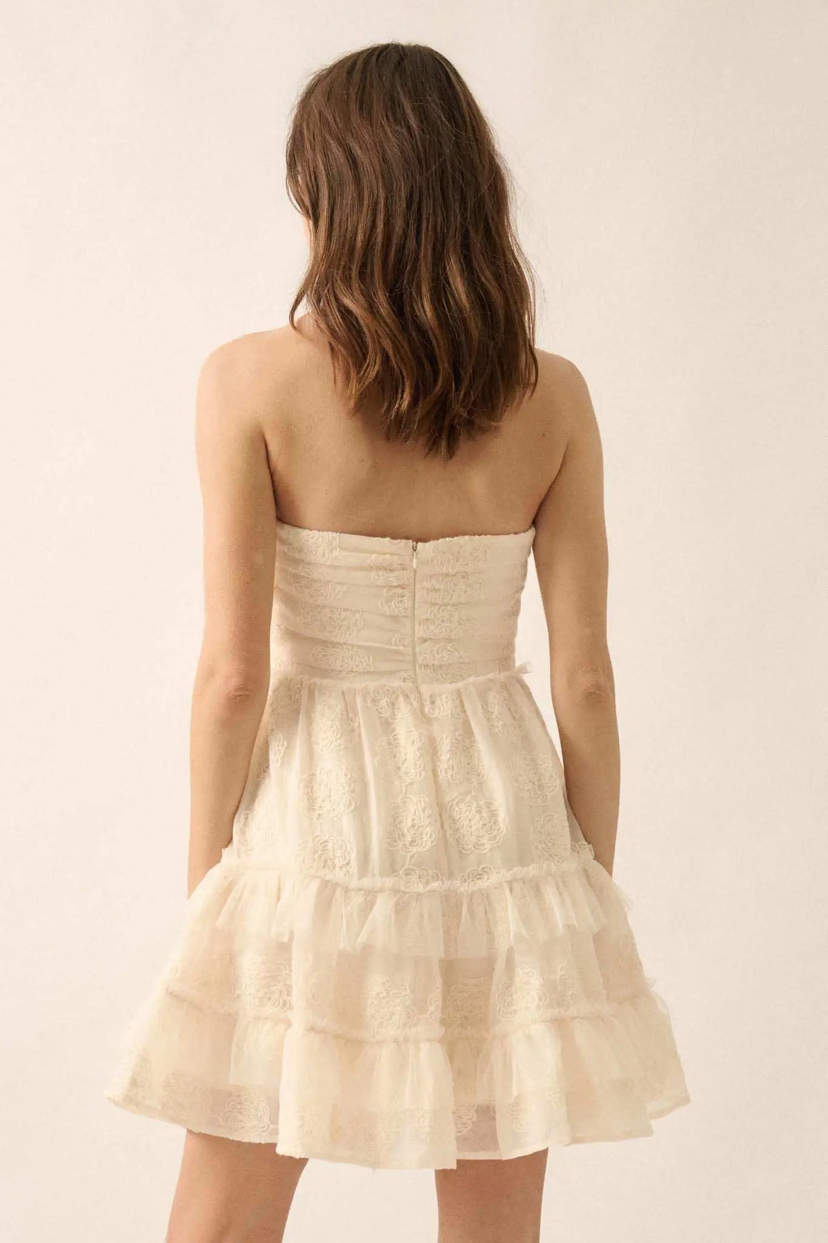 Floral Finesse Ruffled Lace Strapless Mini Dress