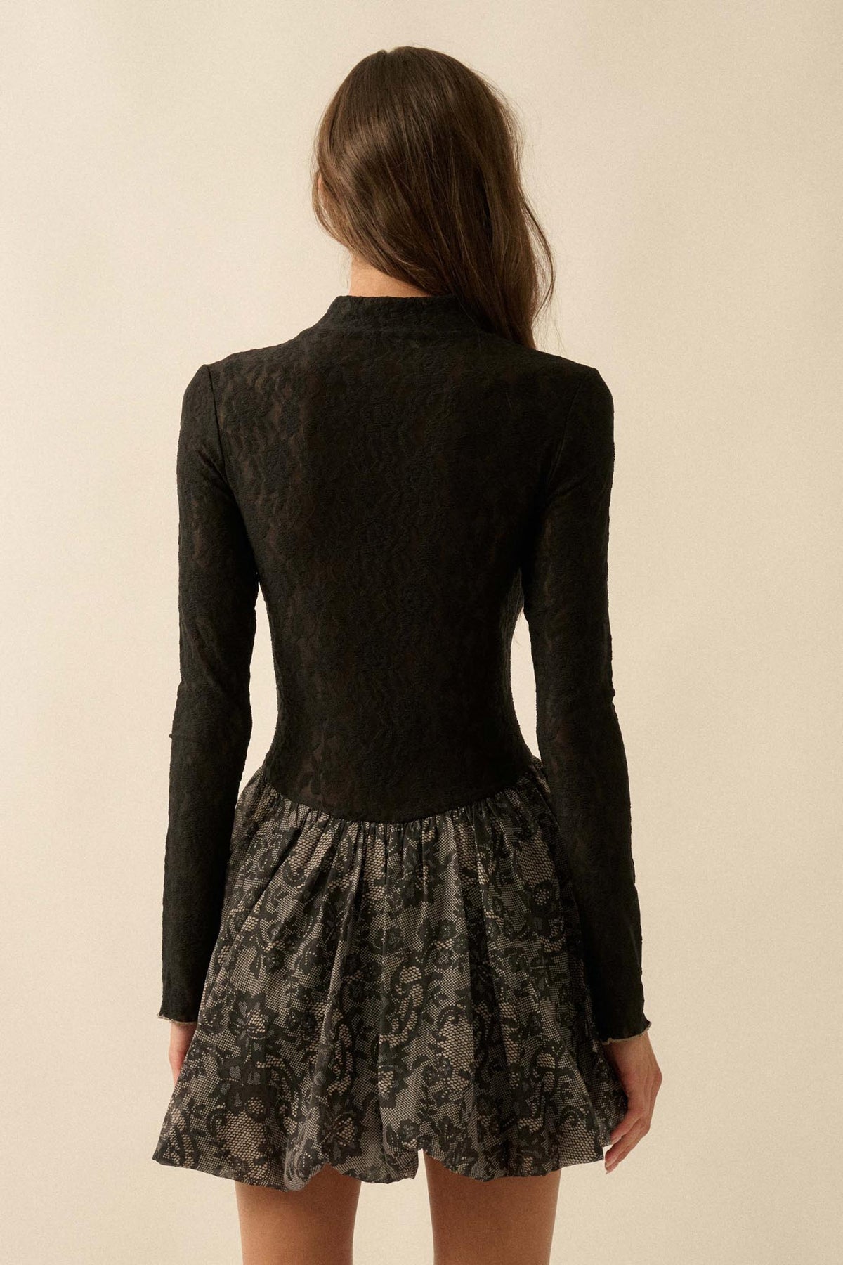 Midnight Romance Lace Mock-Neck Bubble Mini Dress