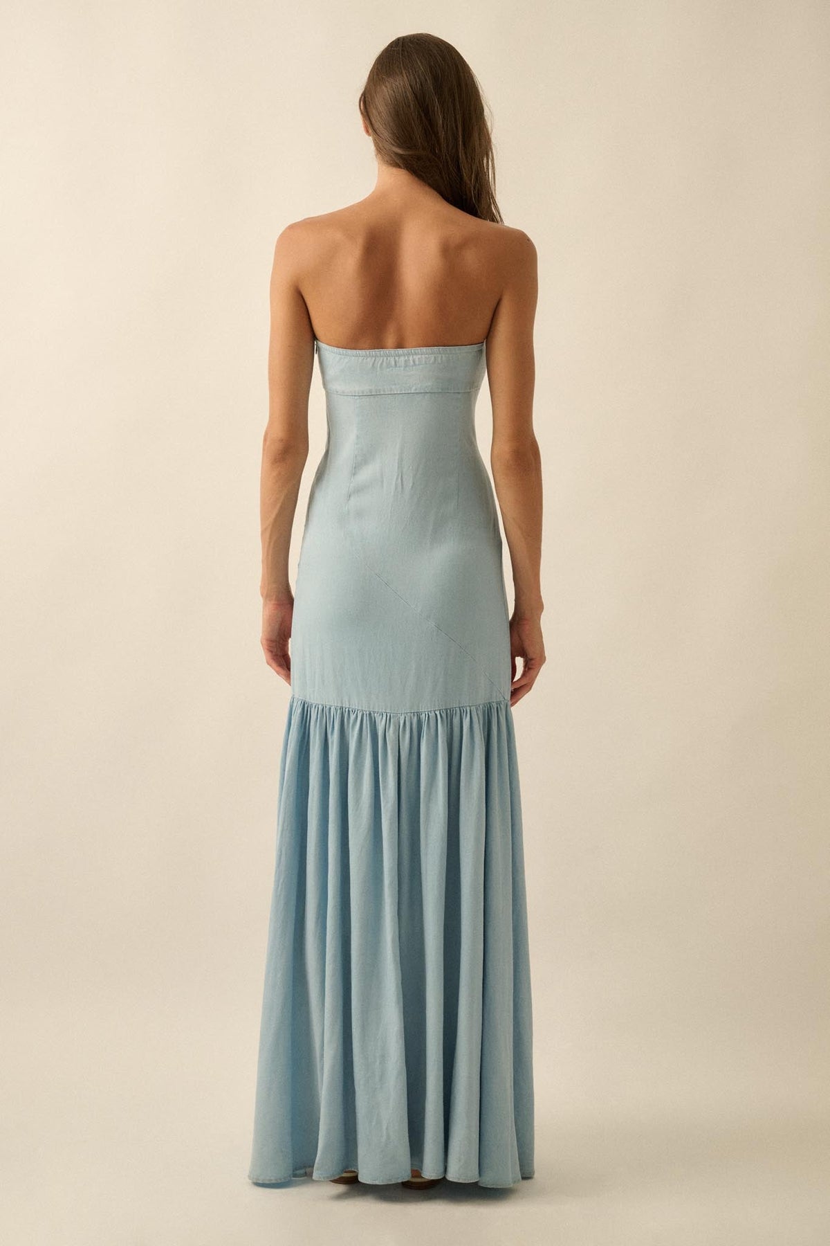 Blue Angel Strapless Denim Drop-Waist Maxi Dress