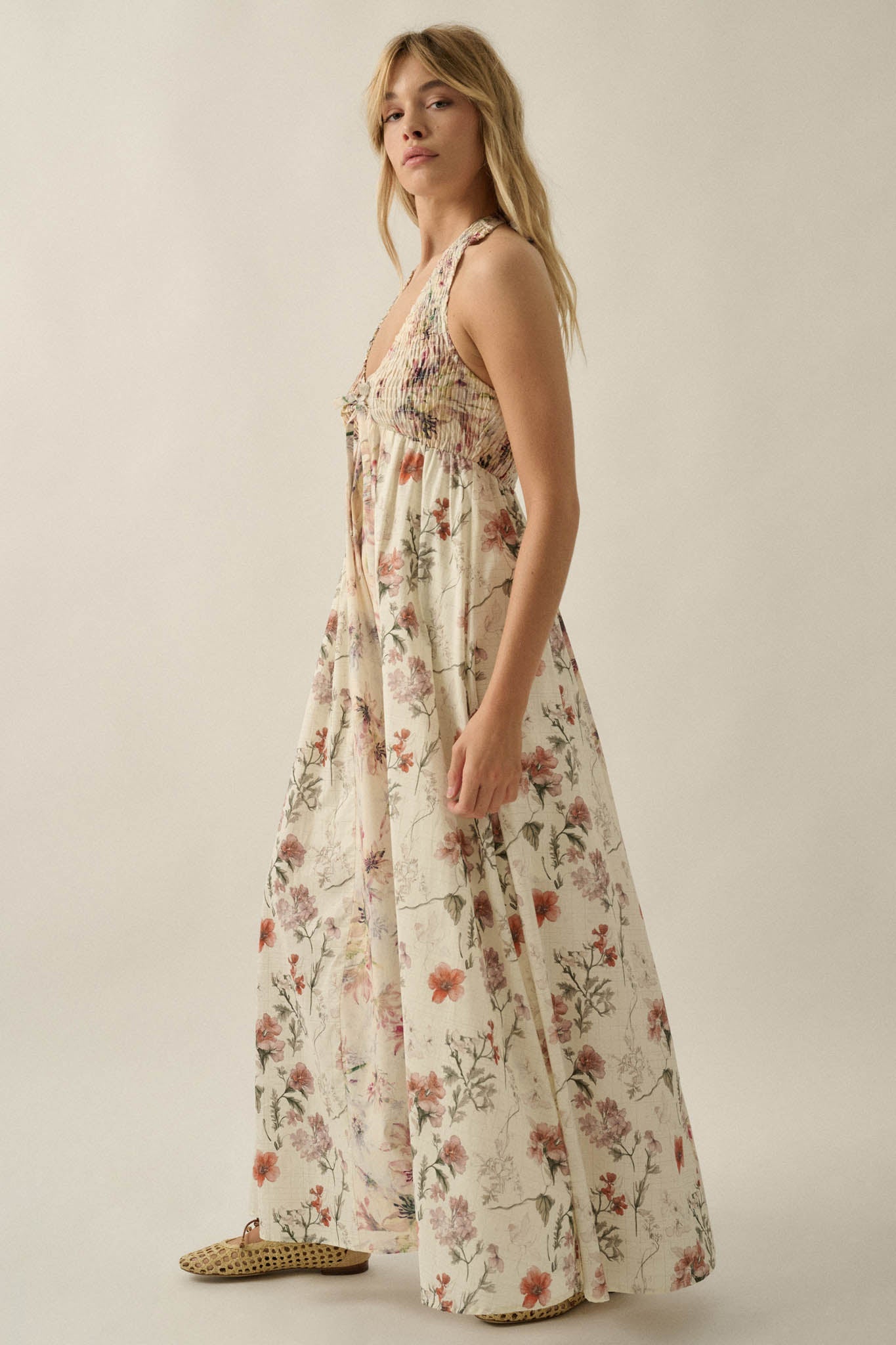 Bouquet by Me Floral-Print Smocked Halter Maxi Dress