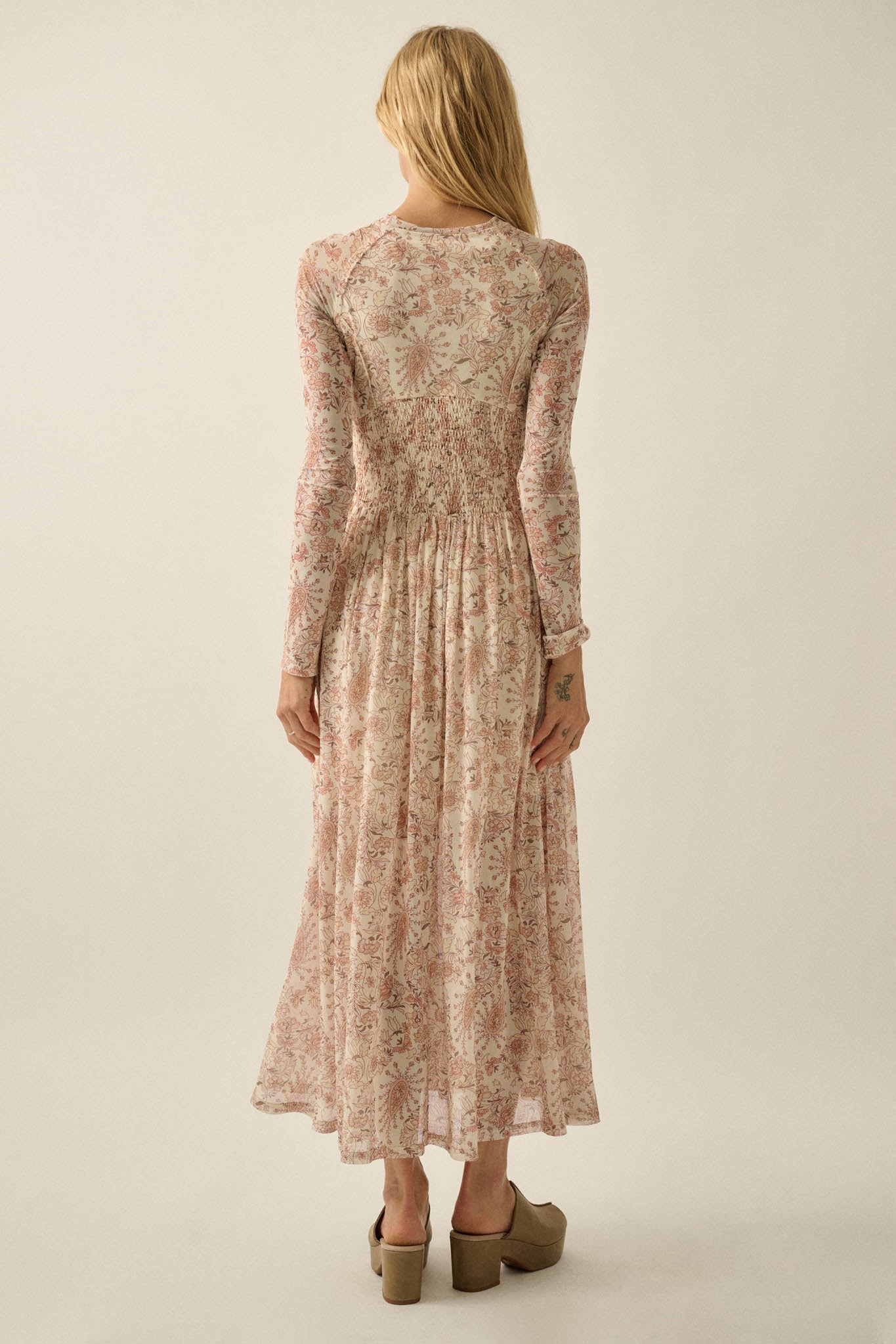 Fantasy World Paisley Mesh Smocked Midi Dress