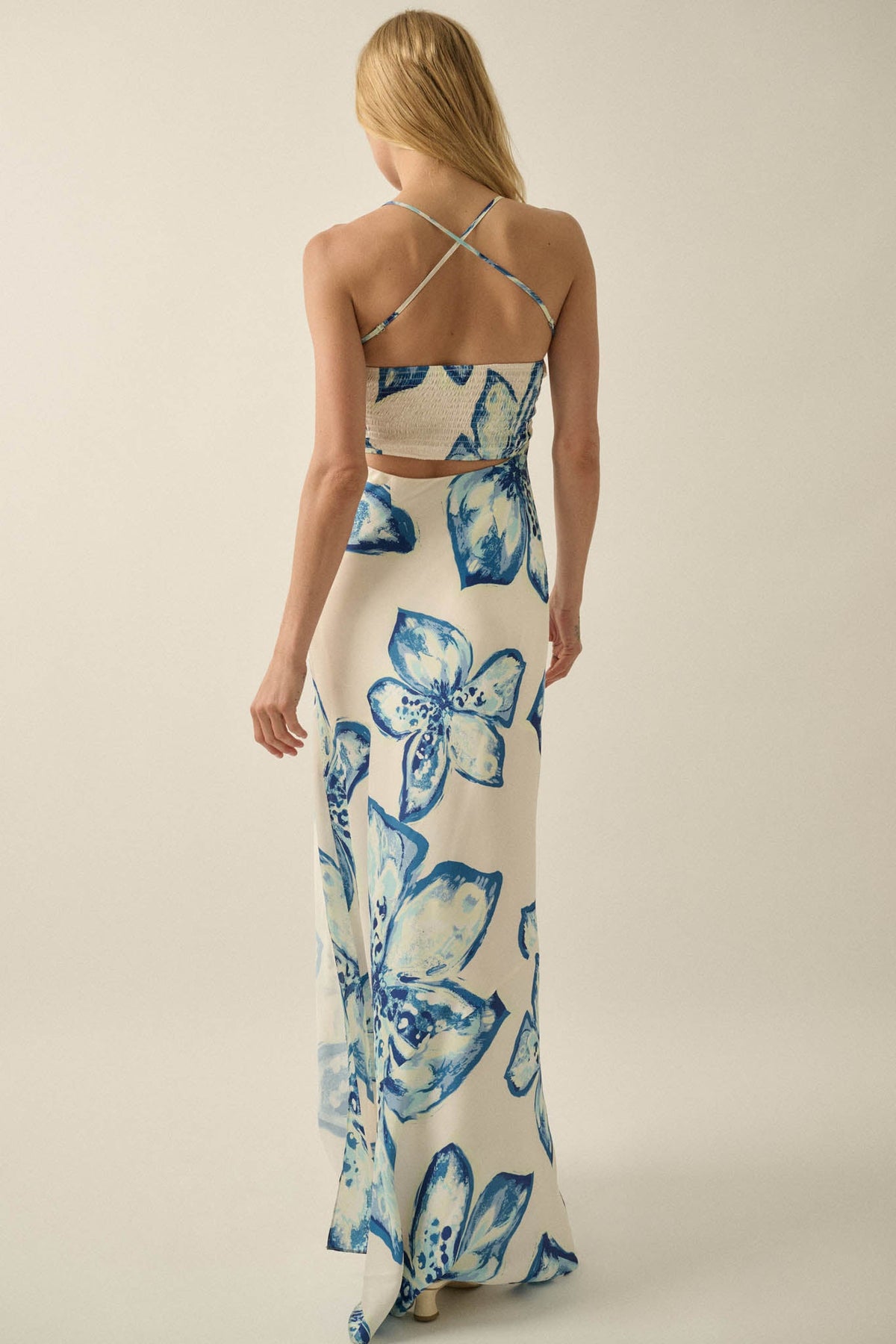 Royal Garden Floral Satin Cowl-Neck Maxi Dress