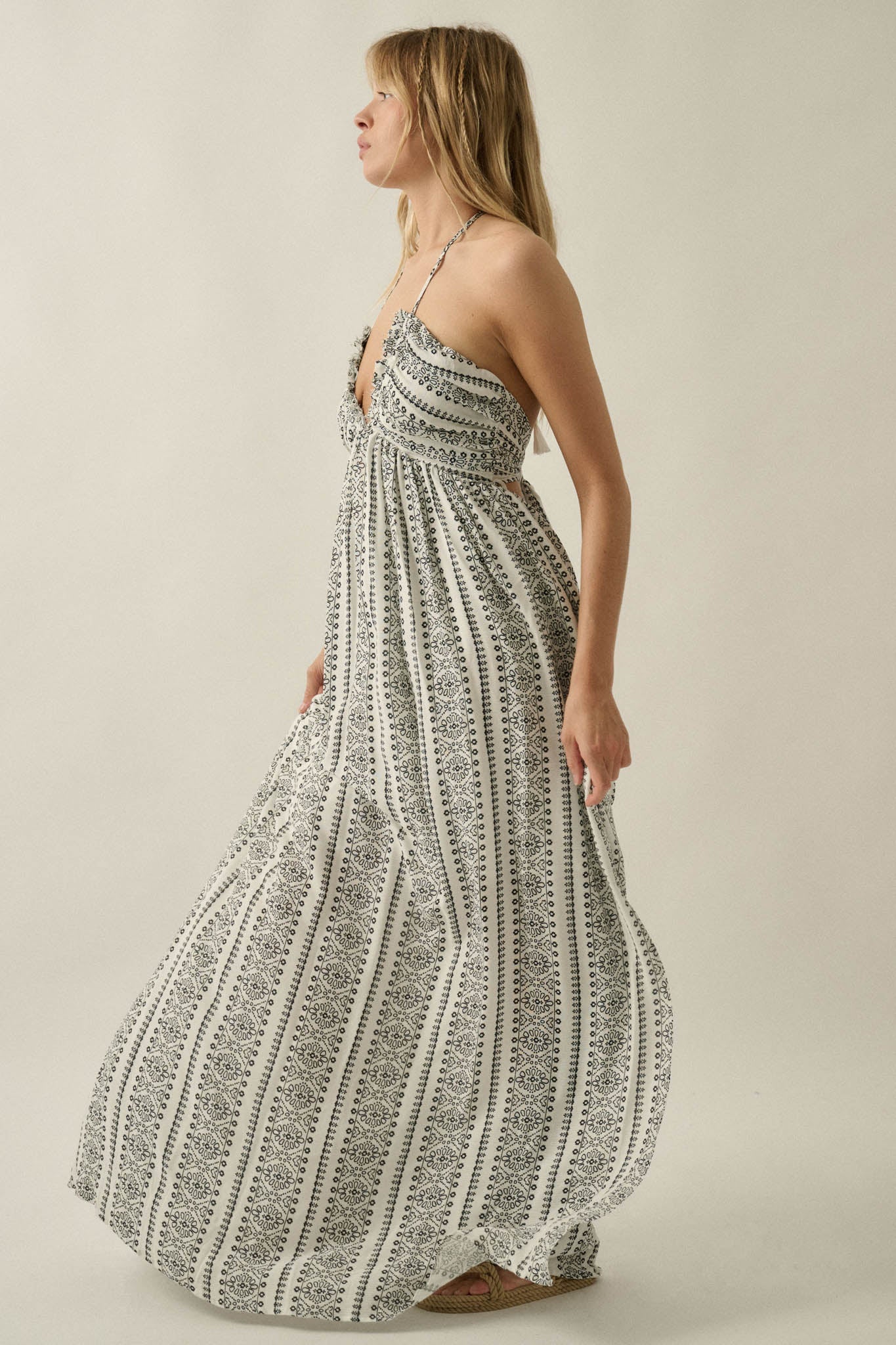 Faraway Beauty Medallion-Print Halter Maxi Dress