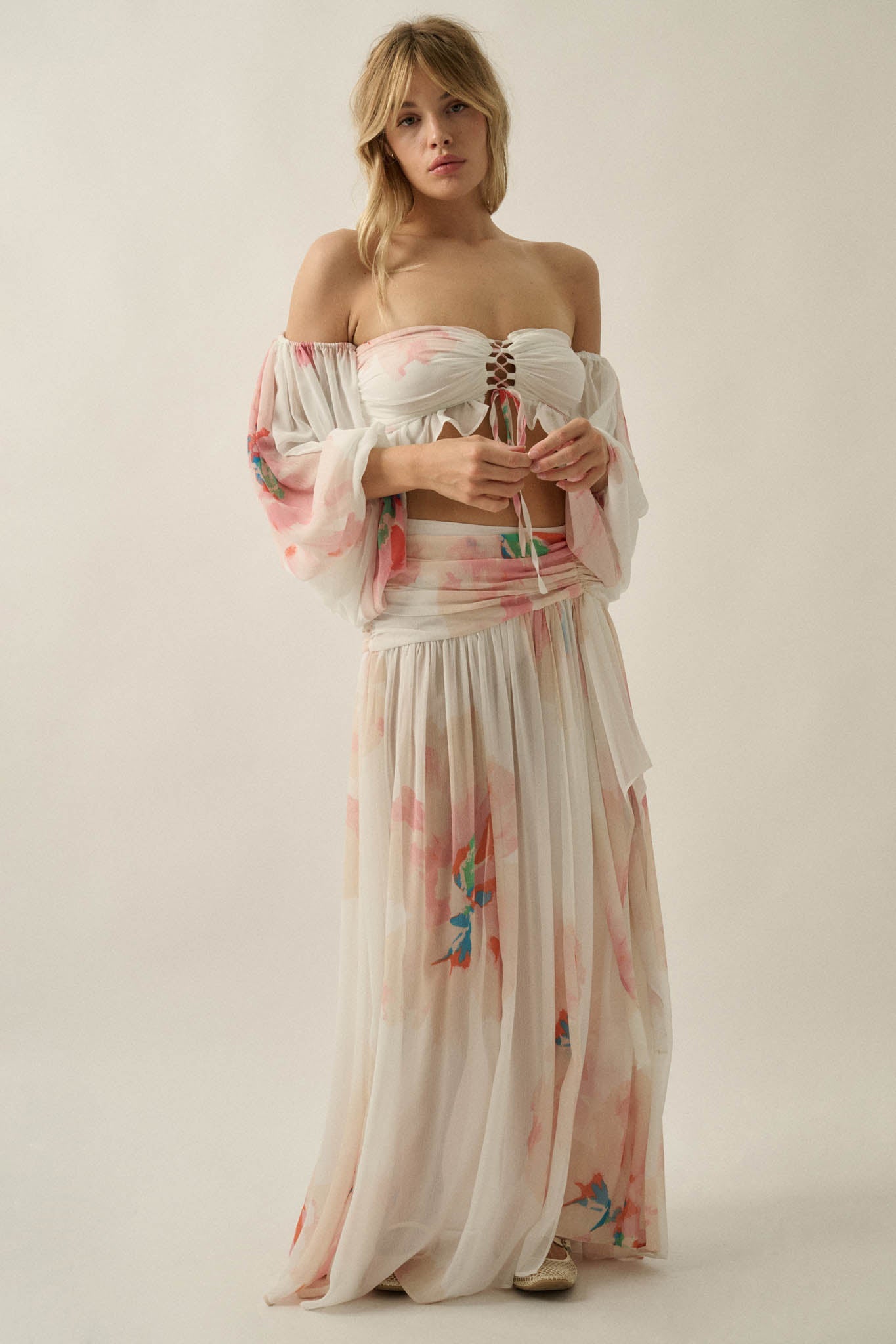Pretty Peonies Floral Chiffon Drop-Waist Maxi Skirt