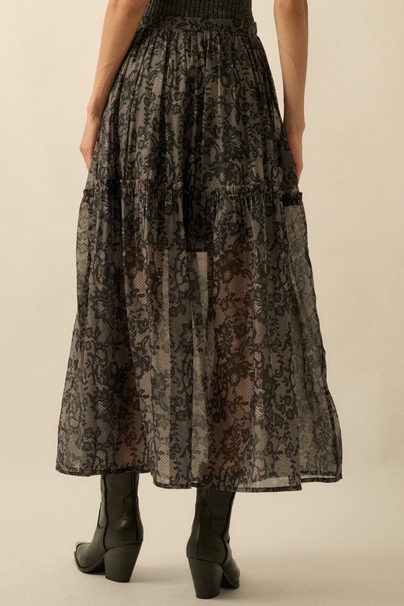 Into the Night Lace-Print Organza Maxi Skirt