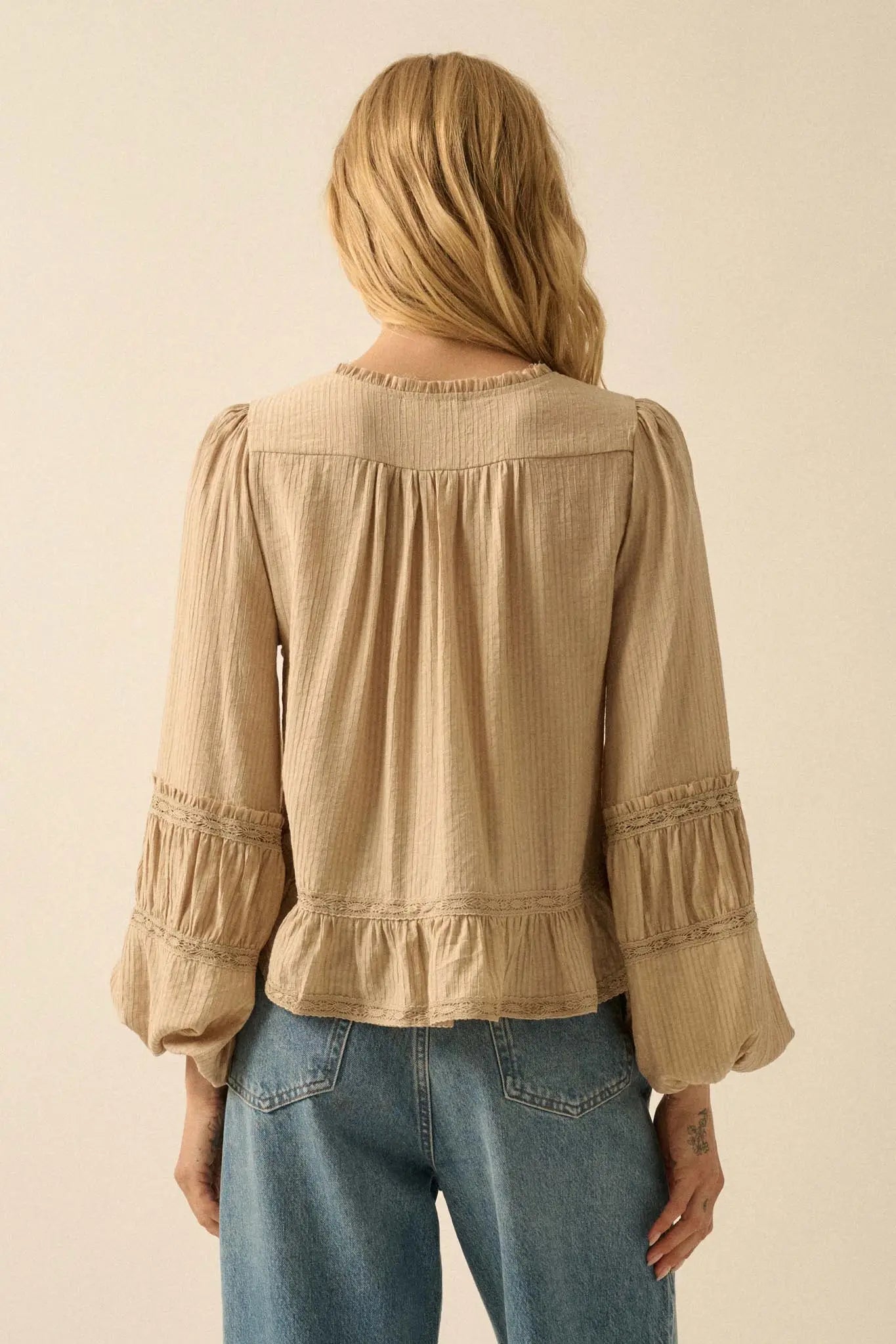 Lovely Day Button-Up Lace-Trim Ruffled Peasant Top