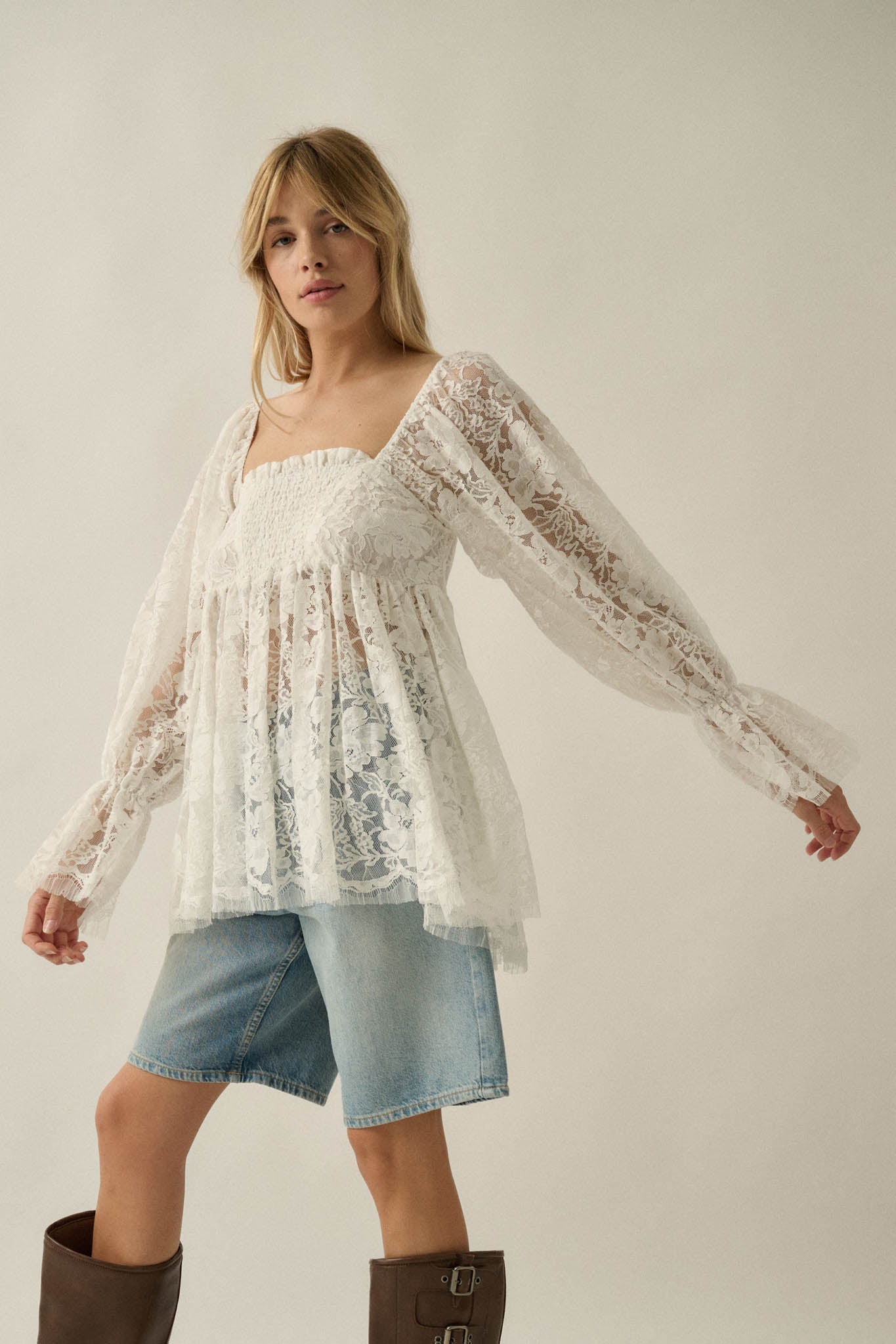 Baby Cakes Smocked Lace Square-Neck Babydoll Top