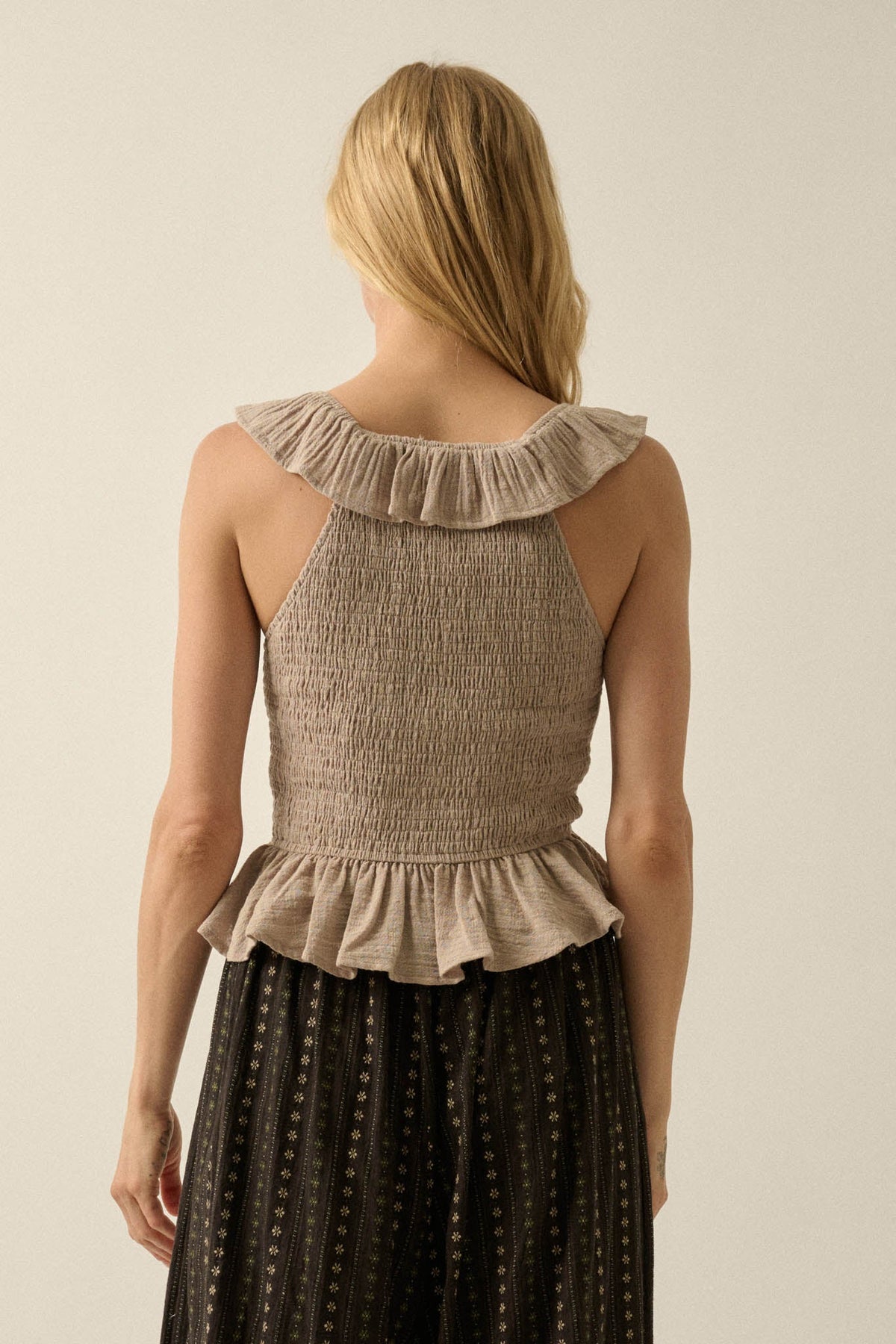 Get Free Smocked Cotton Gauze V-Neck Ruffle Top