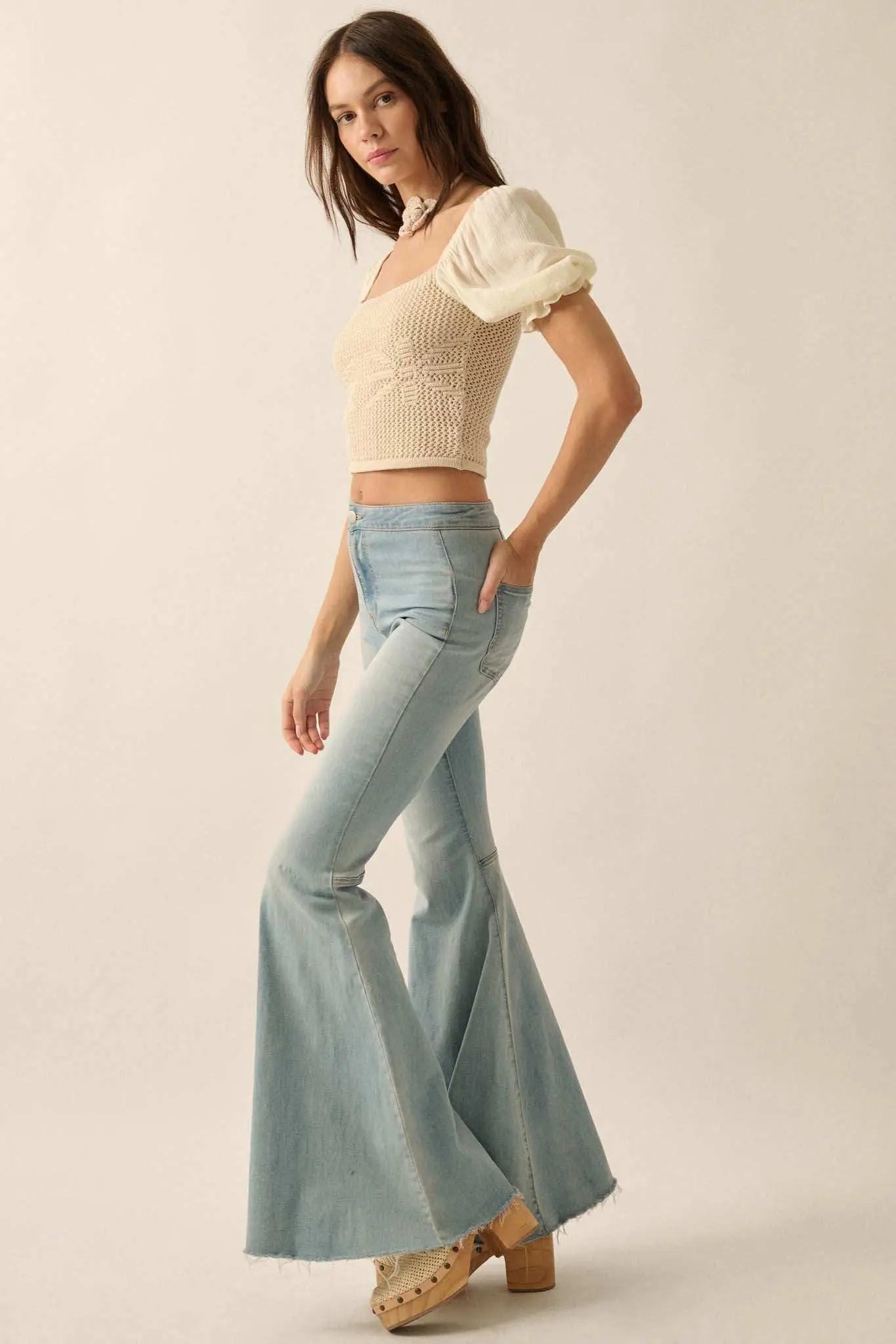 Daisy Daze Floral Crochet Cropped Puff-Sleeve Top