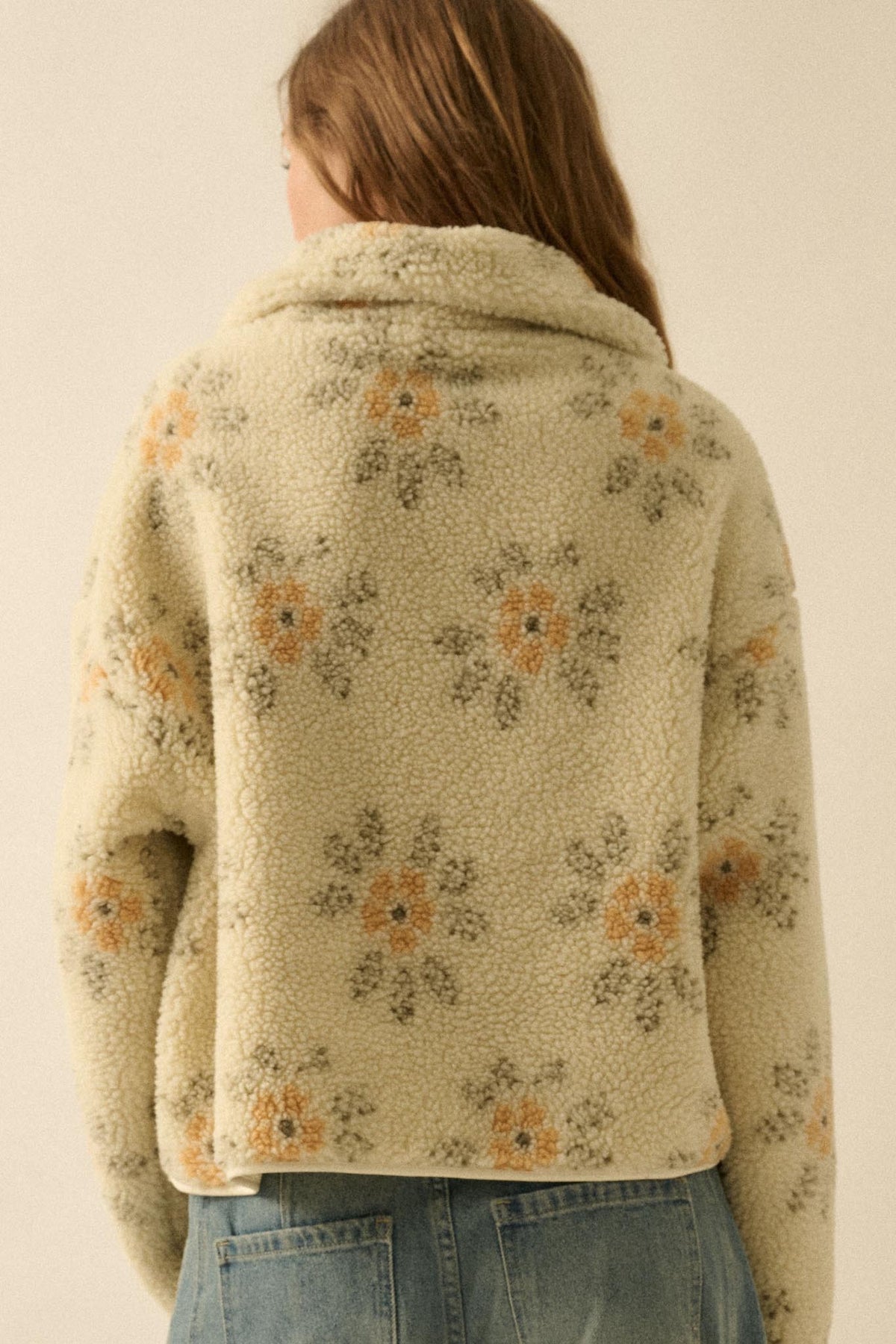 Fluffy Flowers Floral Sherpa Fleece Zip-Up Jacket