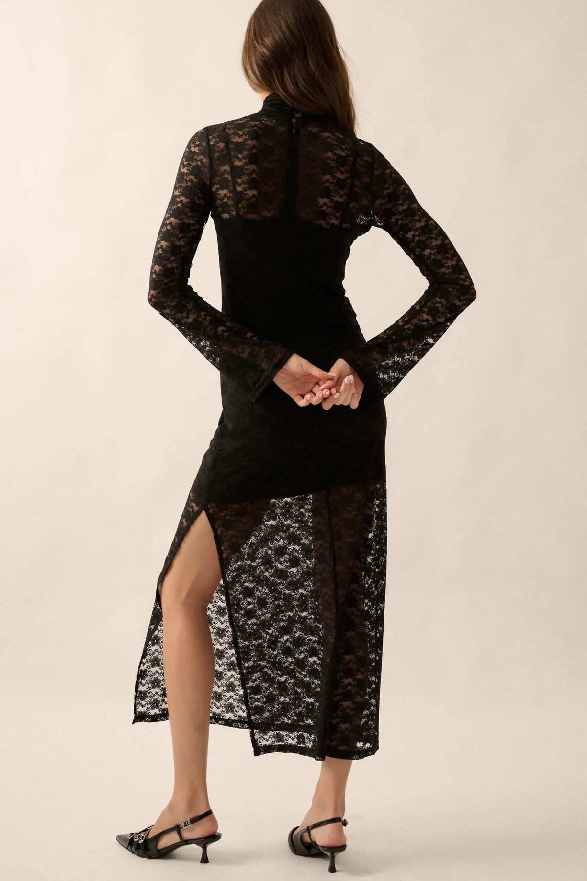 Black Honey Floral Lace Mock-Neck Midi Dress