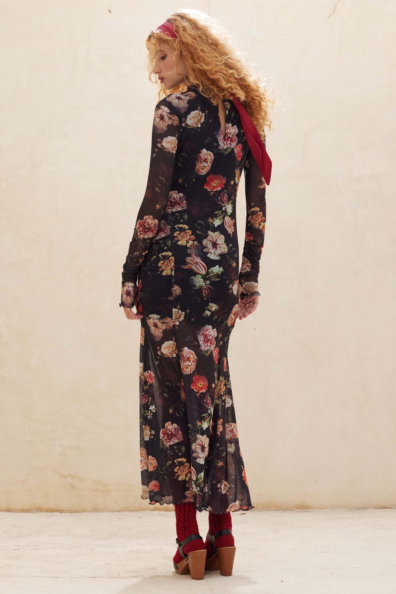 Heritage Blossoms Floral Mesh Mock-Neck Maxi Dress