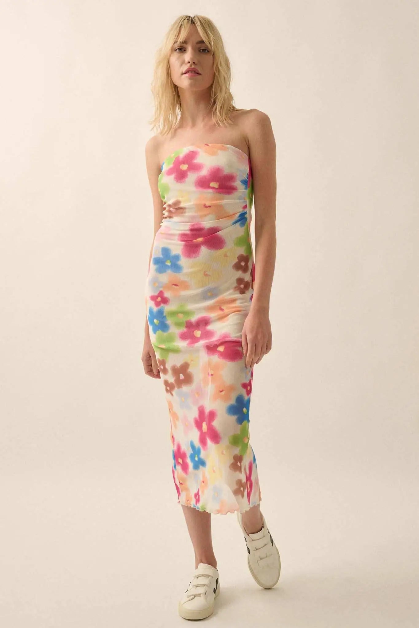 Flower Power Floral Mesh Strapless Midi Dress