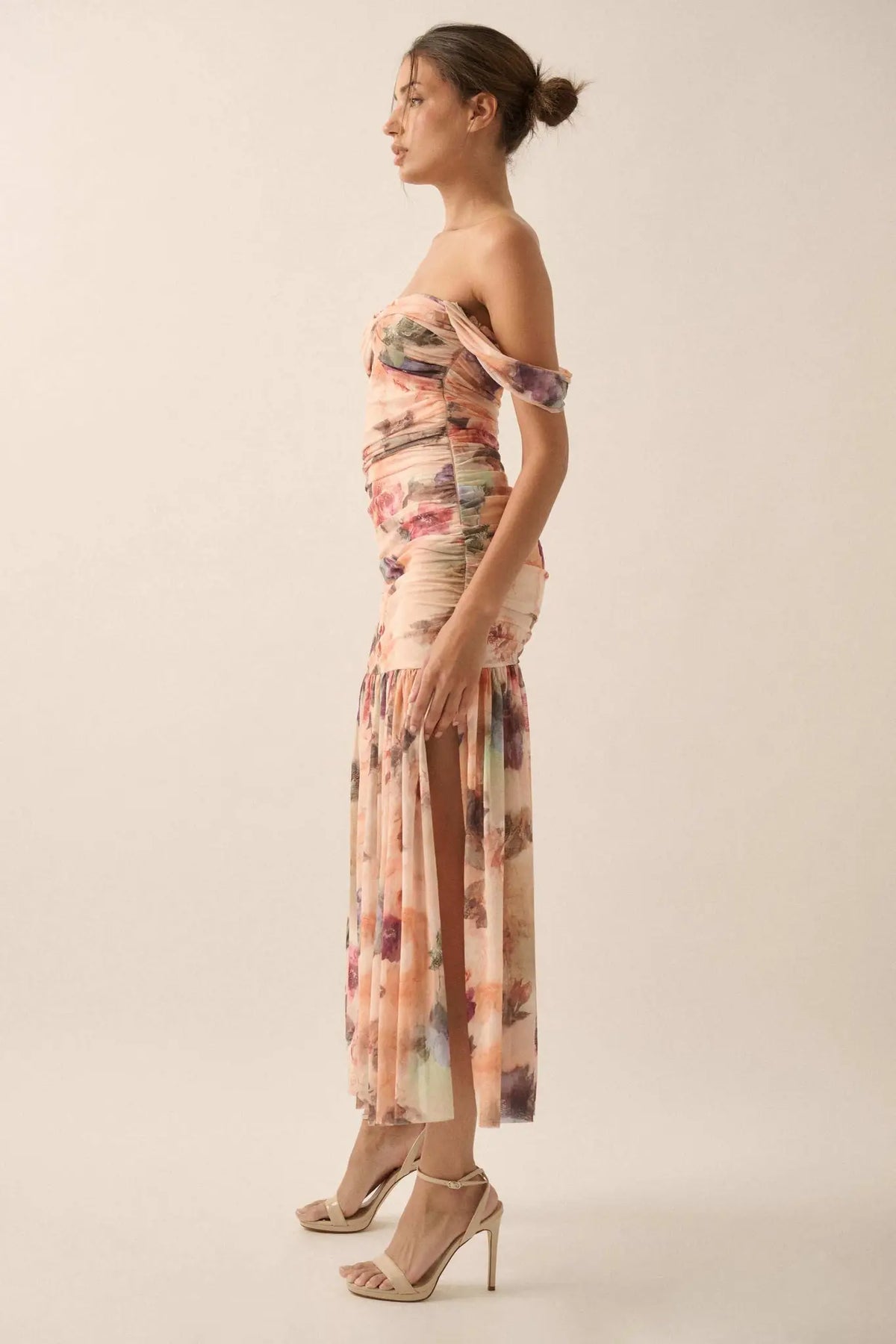 Blushing Blooms Floral Mesh Off-Shoulder Maxi Dress