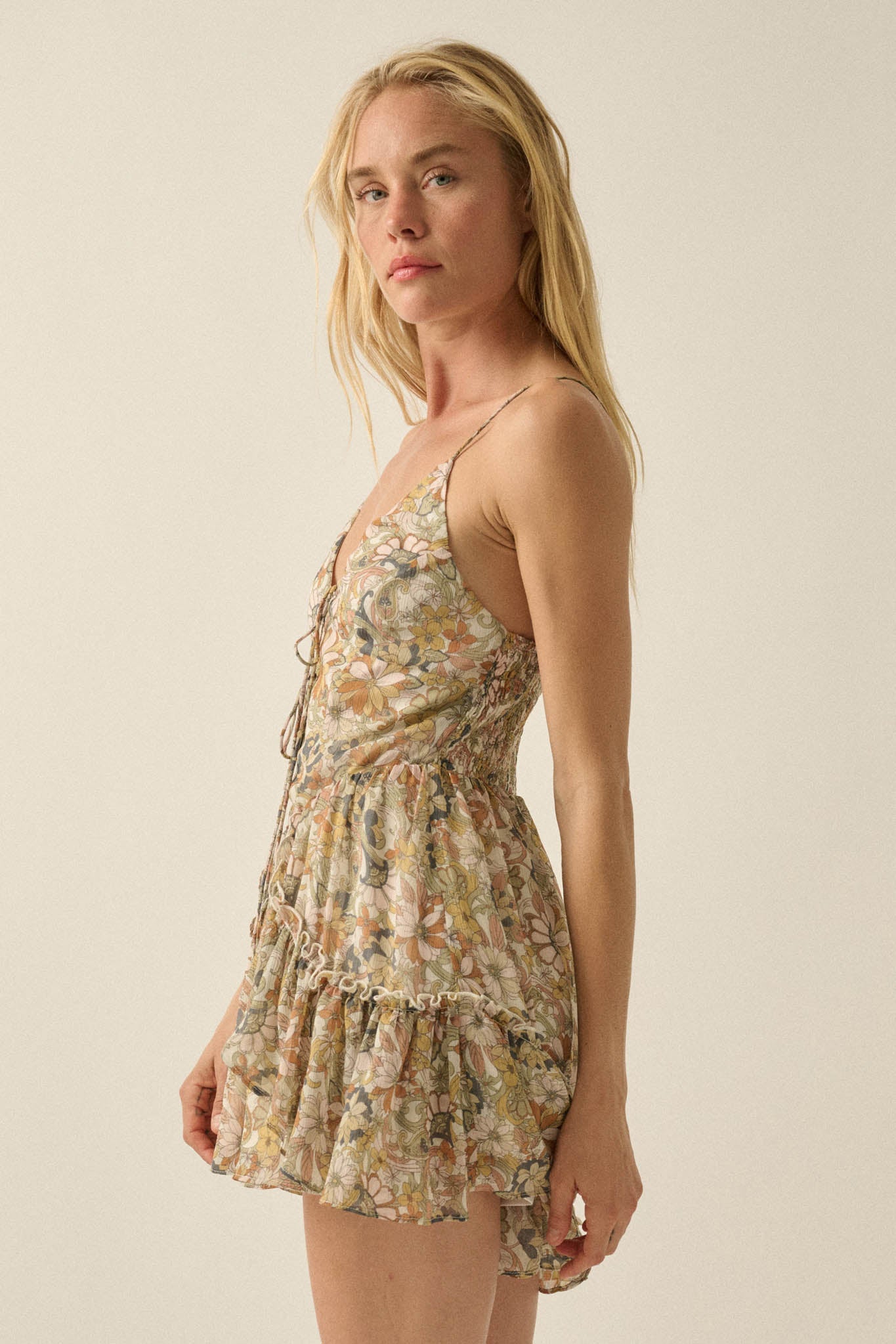 Bygone Blooms Floral Chiffon Tie-Front Ruffle Romper