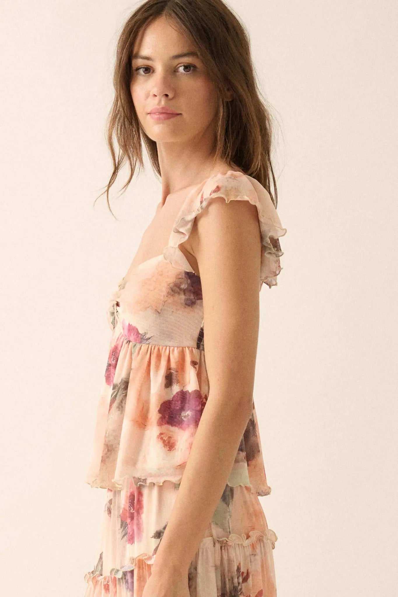 First Blush Floral Mesh Ruffle Babydoll Cami Top