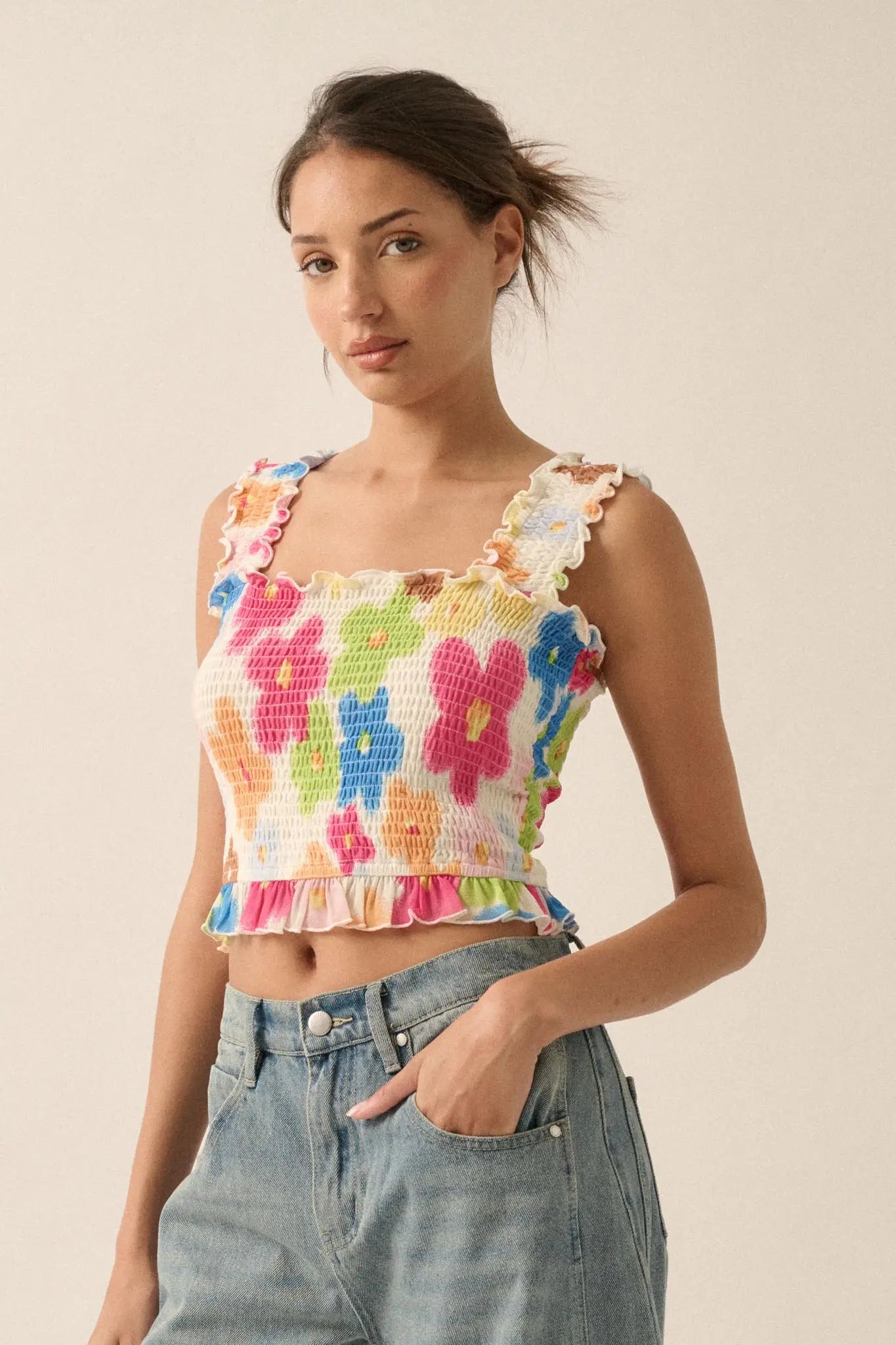 Funky Flowers Smocked Floral Mesh Ruffle Tank Top