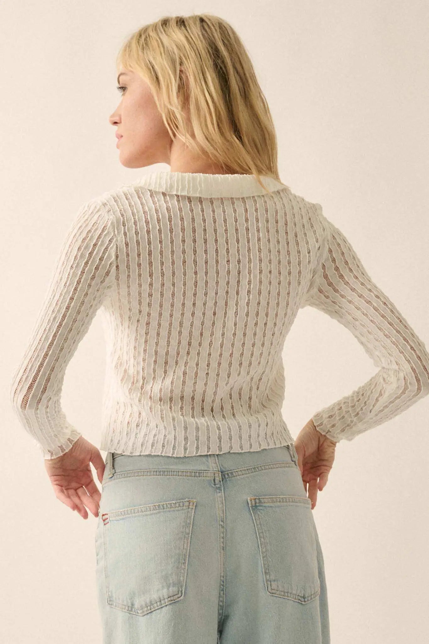 Making Waves Striped Lace Collared V-neck Top