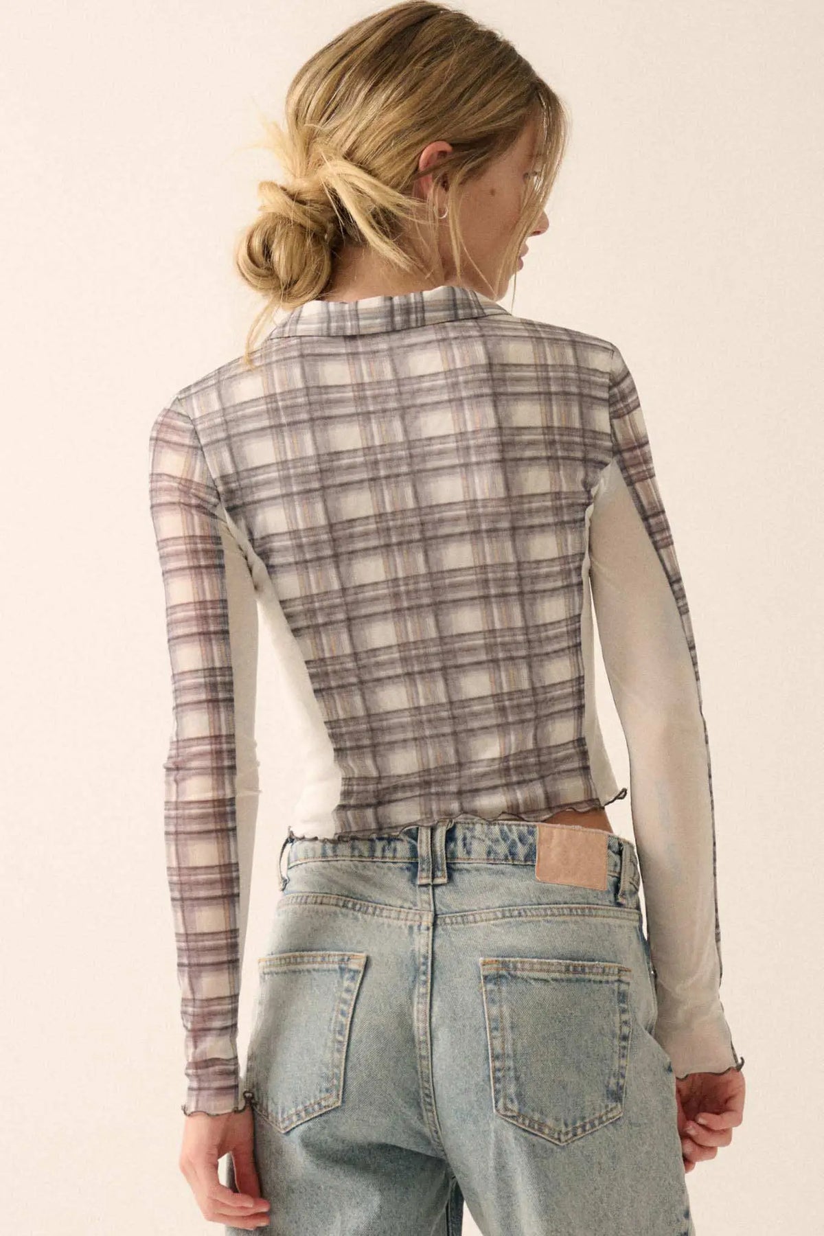 Plaid Behavior Ruched Mesh Cropped Button-Up Shirt