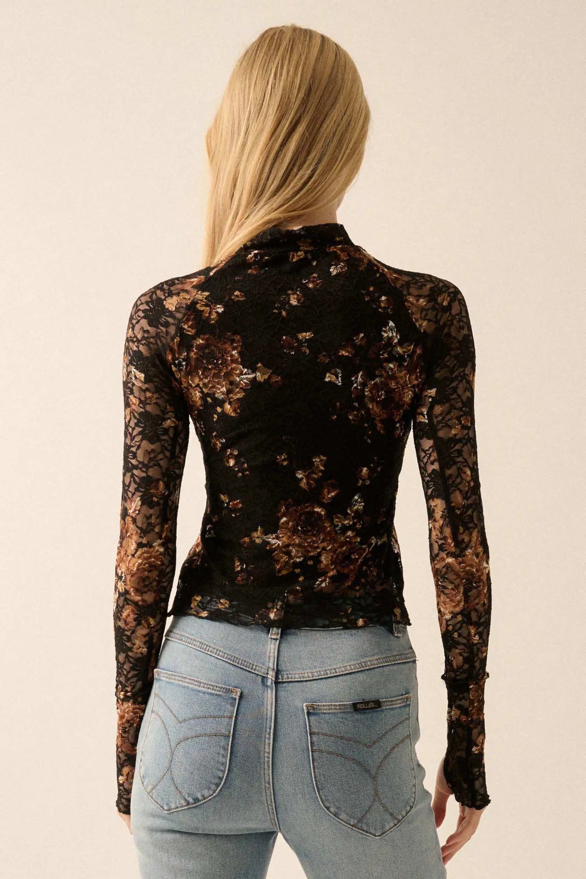 Golden Glow Floral-Print Lace Mock-Neck Top