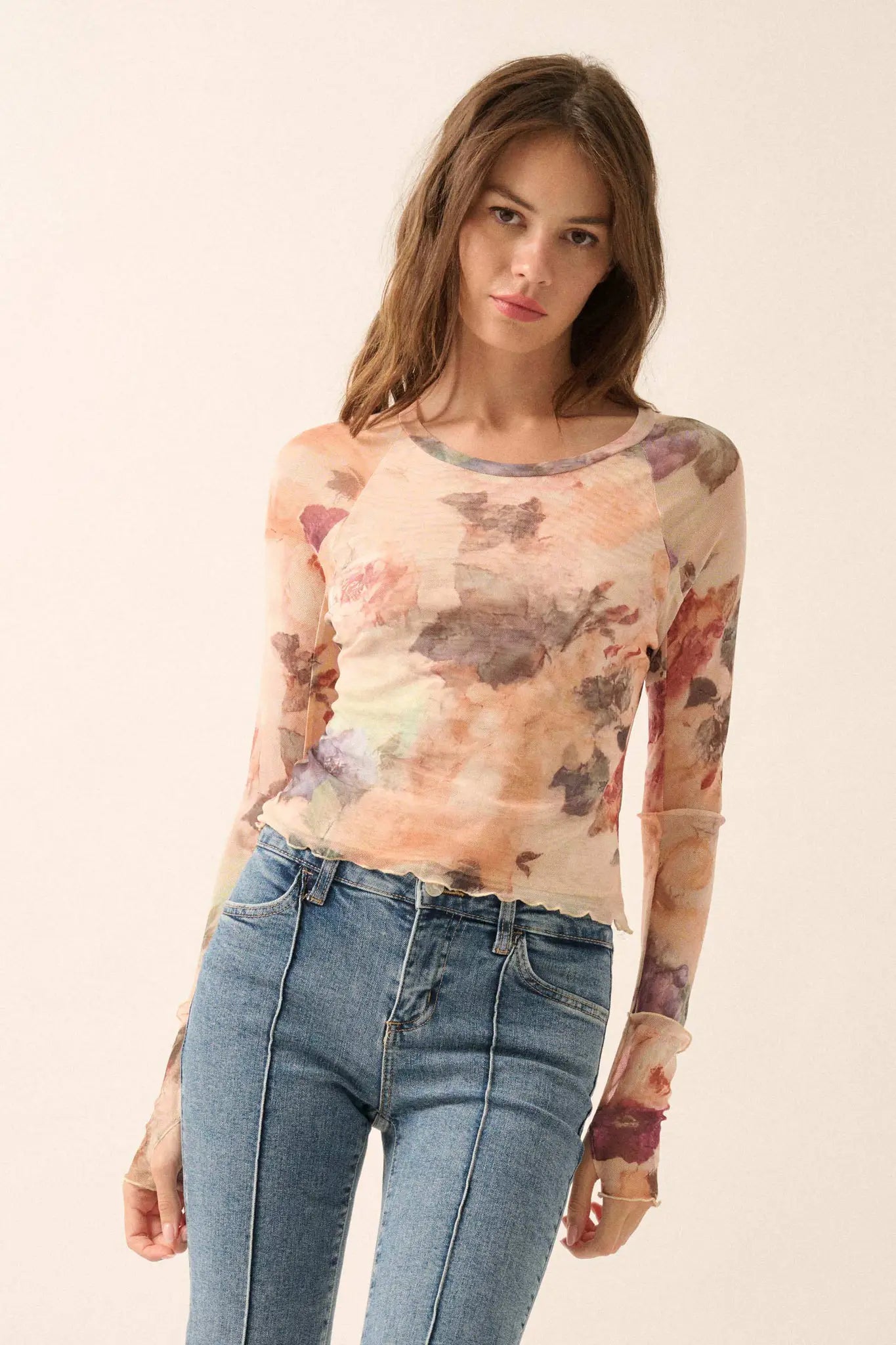 Blush Crush Floral-Print Mesh Thumbhole Top