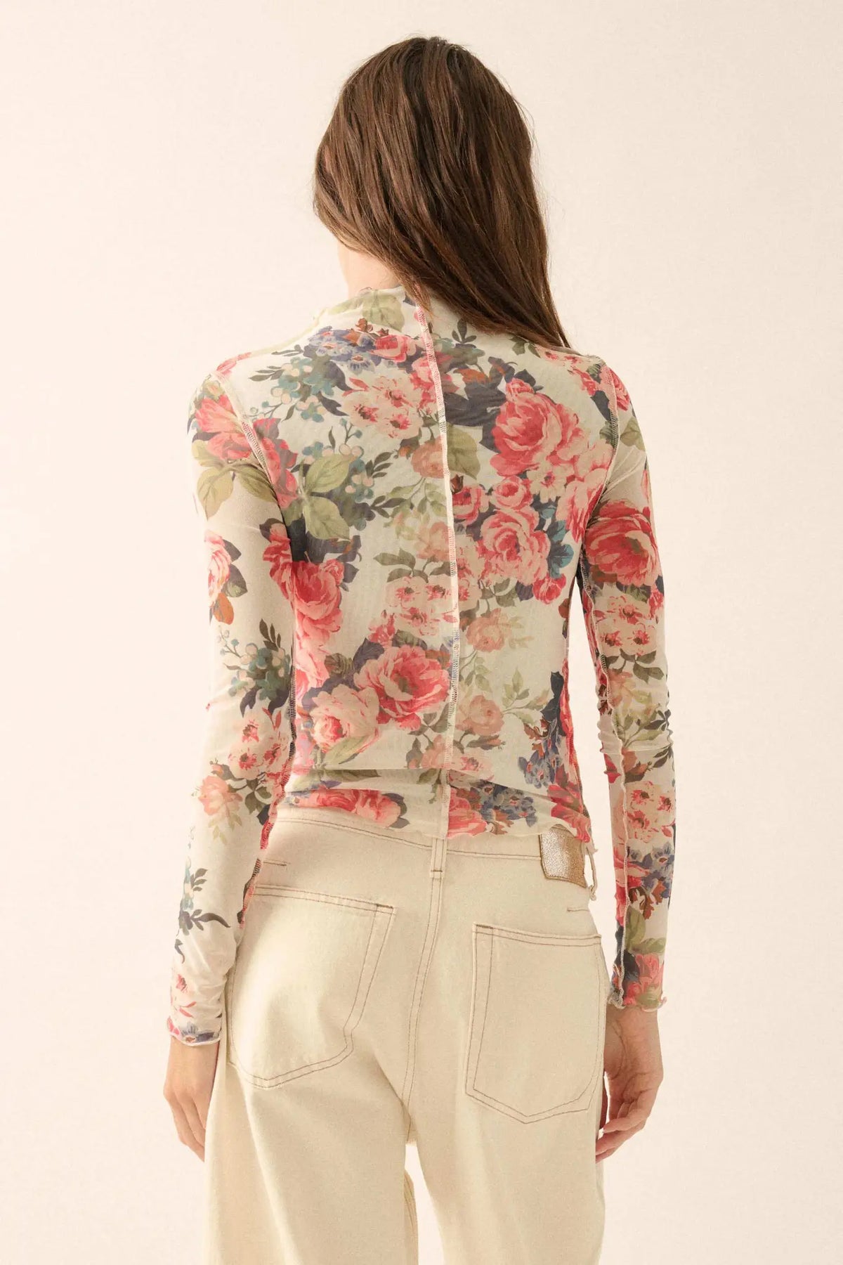 Blooming Heart Floral Mesh Exposed-Seam Top