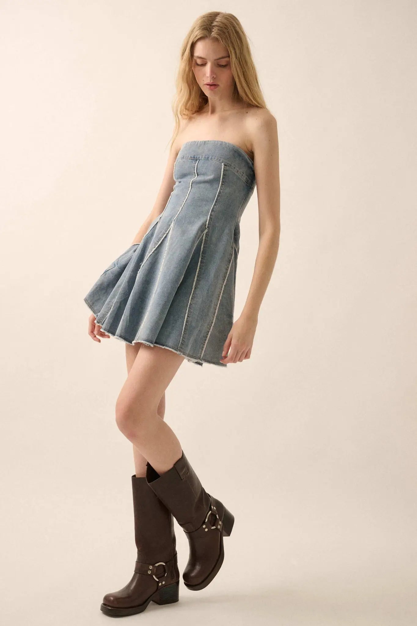 Indigo Skies Denim Strapless Godet Mini Dress