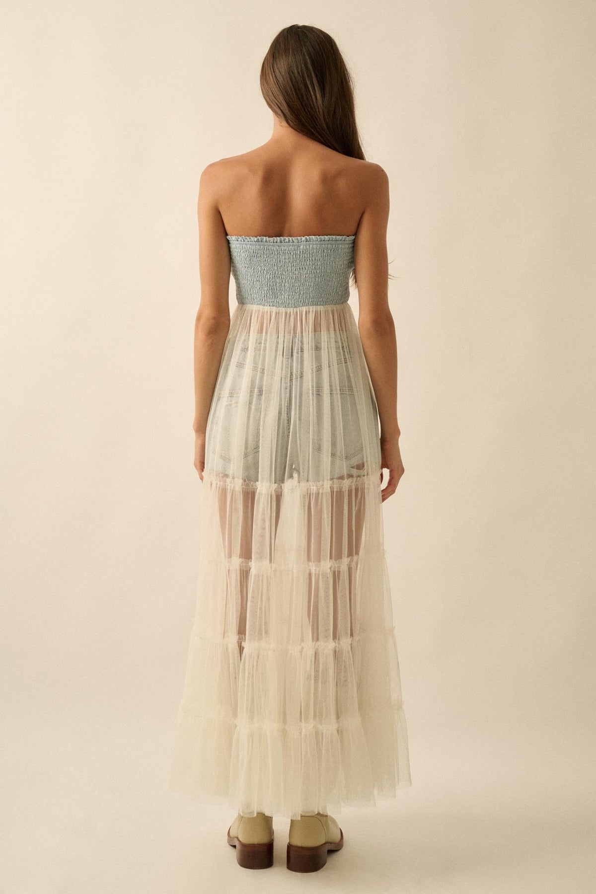 Dancing on Air Denim and Tulle Layering Maxi Dress