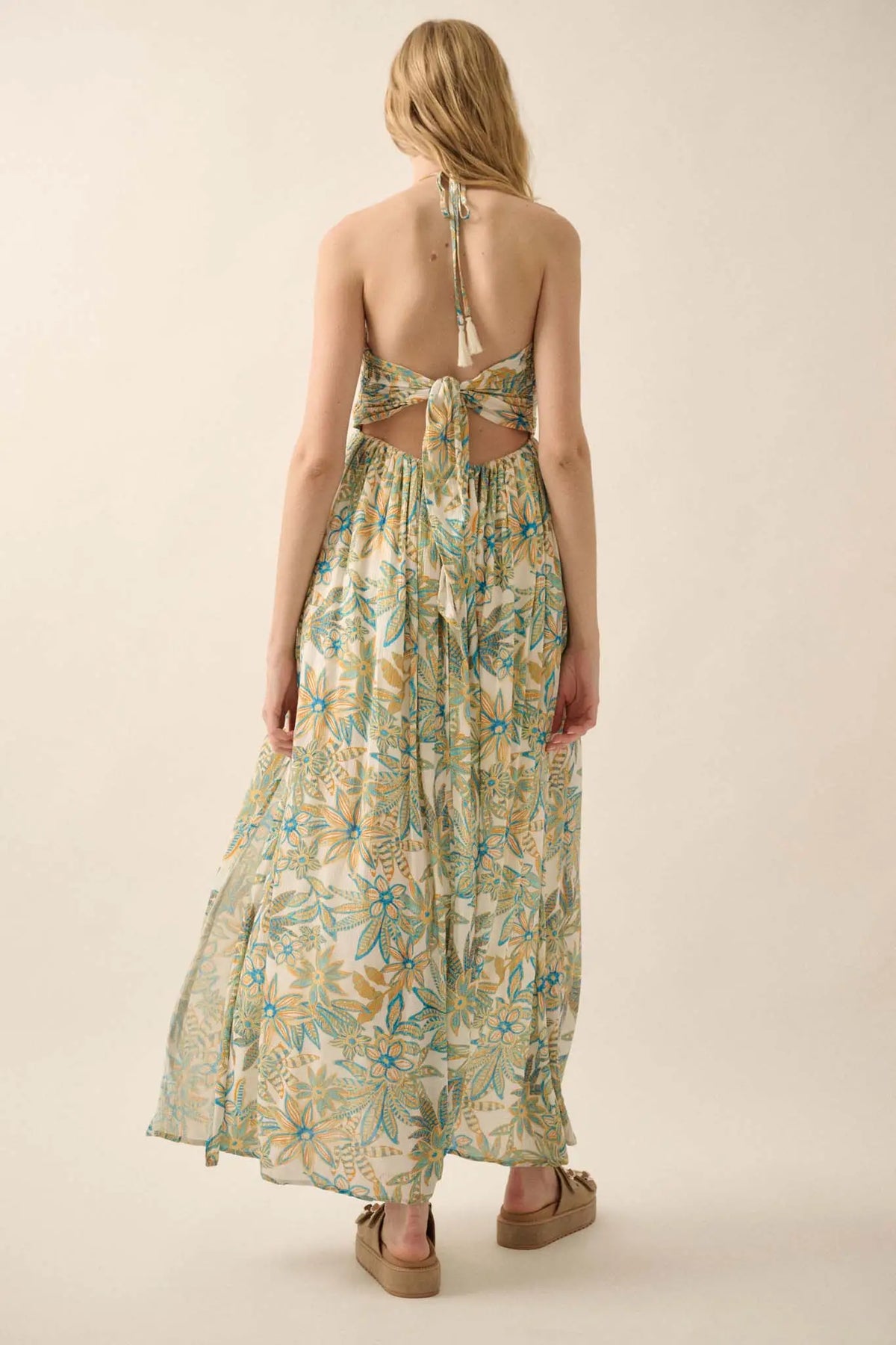 Abundant Blooms Floral Crepe Halter Maxi Dress