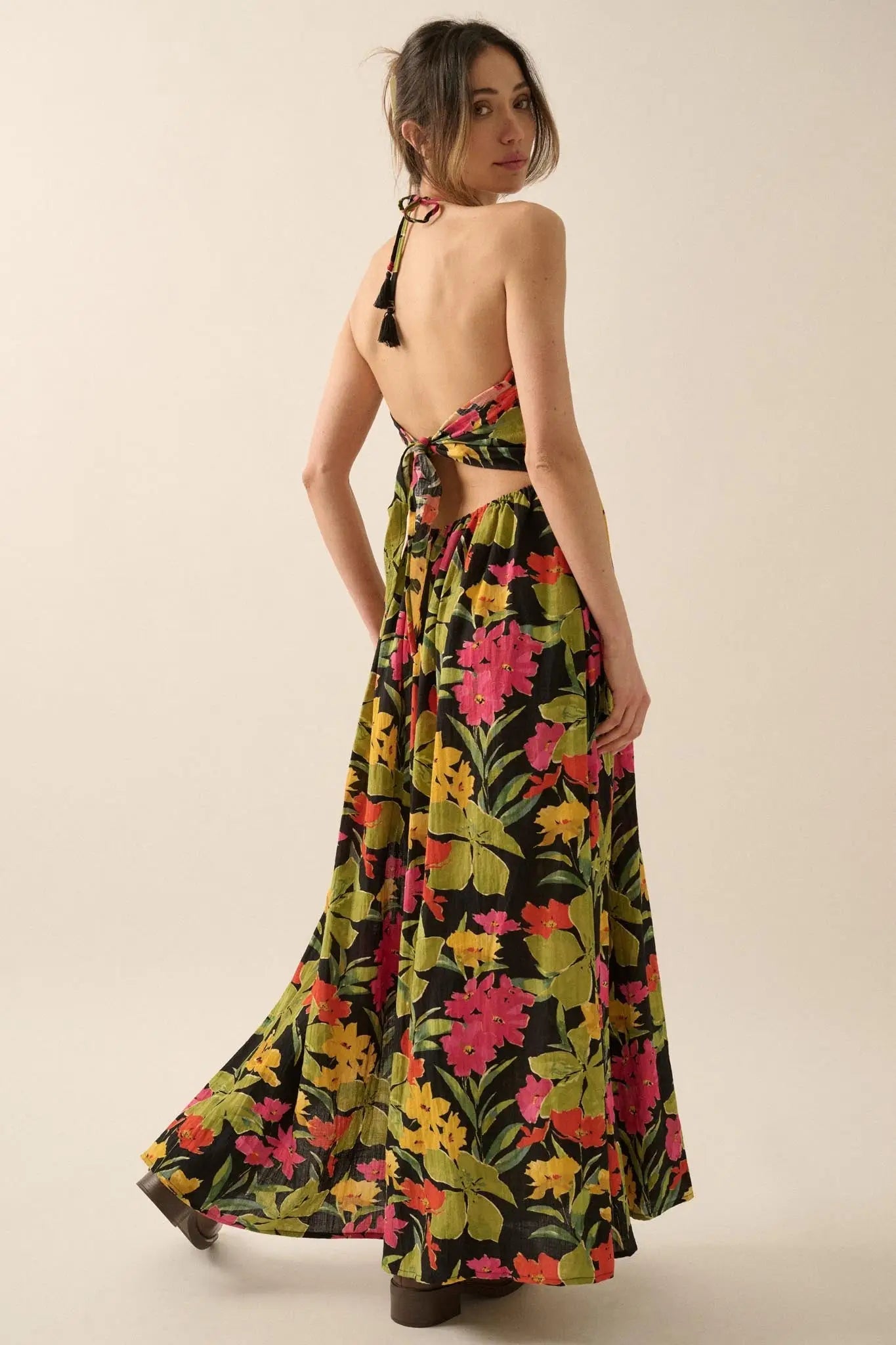 Lovely Luau Tropical Floral Halter Maxi Dress