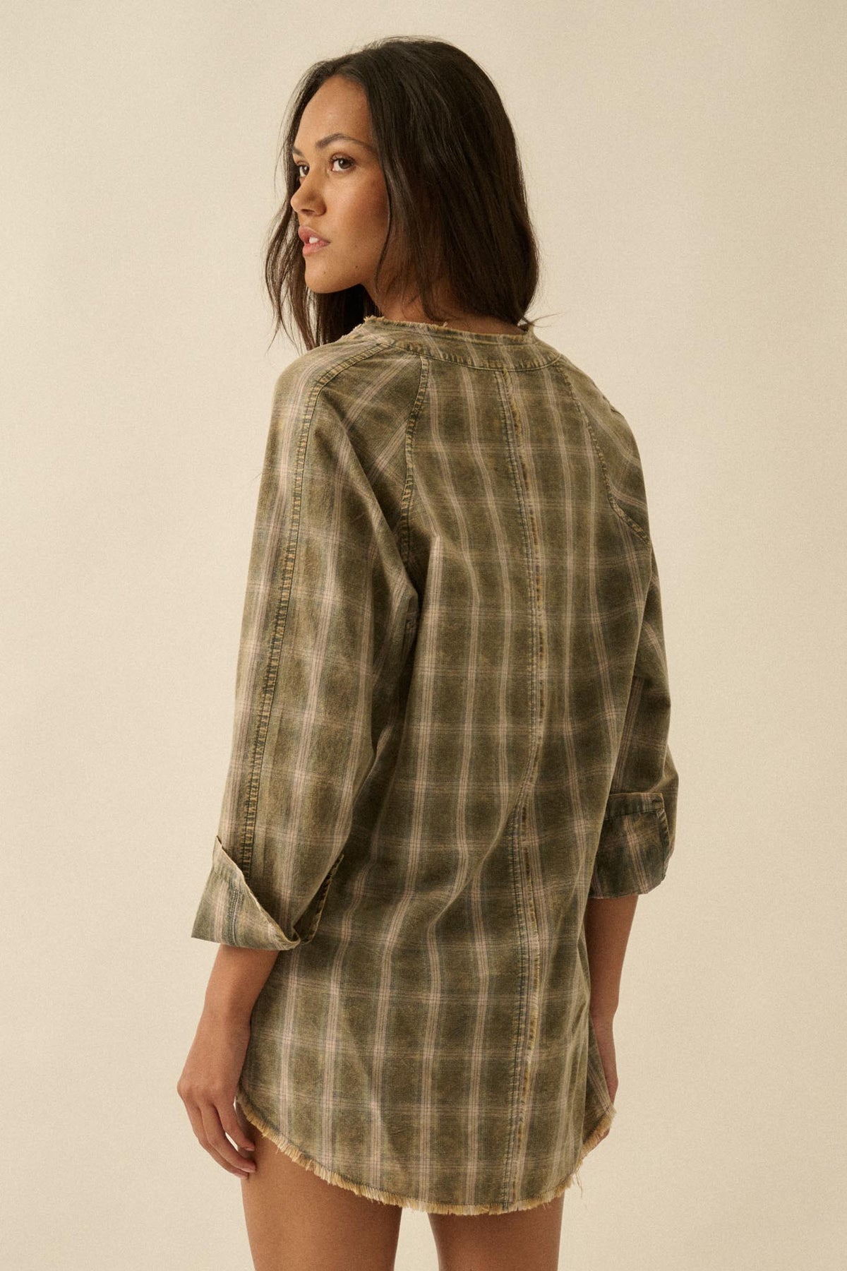 Back Roads Plaid Flannel Raw-Edge Mini Shirt Dress