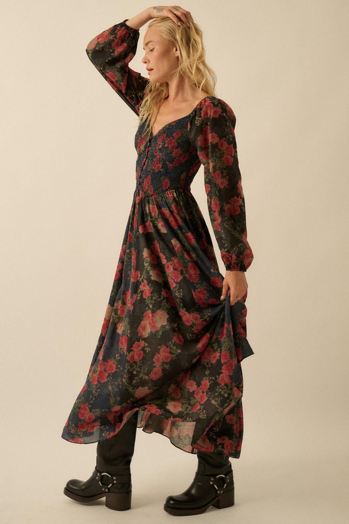 Refined Roses Smocked Floral Maxi Peasant Dress