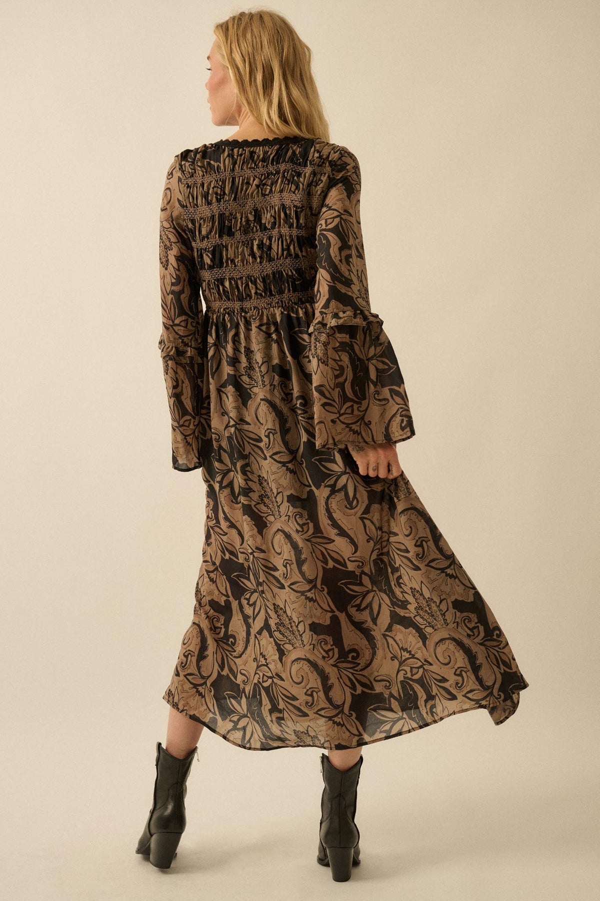 Blooming Opulence Floral Bell-Sleeve Midi Dress