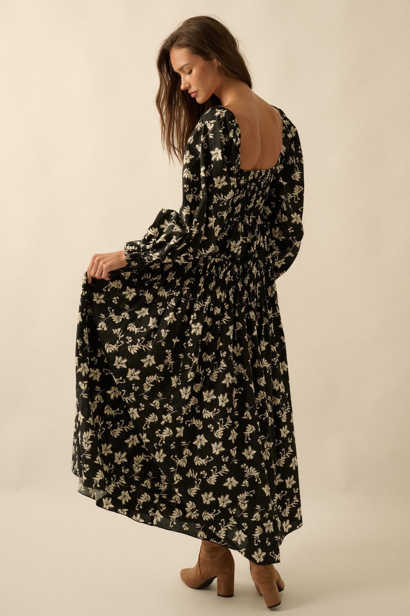 Lost Blossoms Smocked Floral Midi Peasant Dress