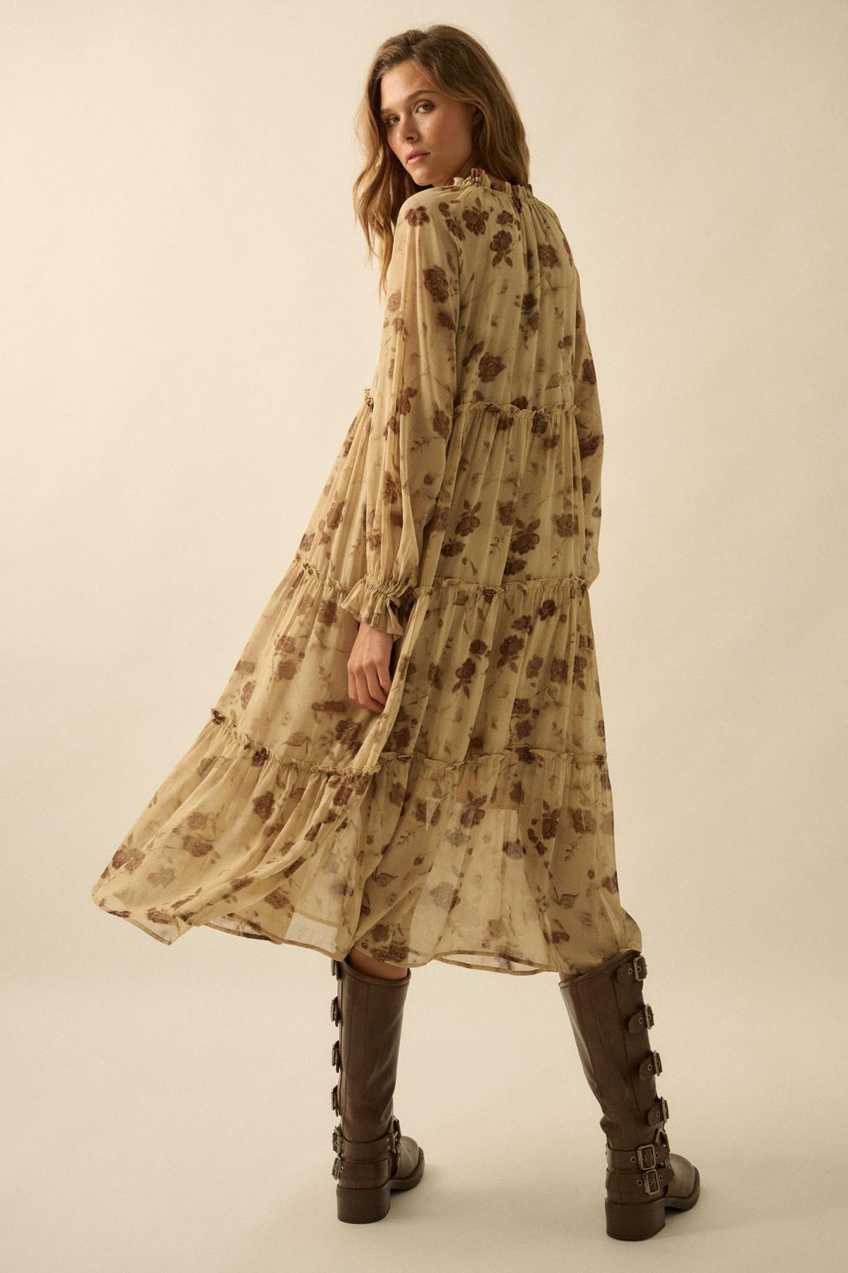 Faded Flowers Tiered Floral Midi Prairie Dress