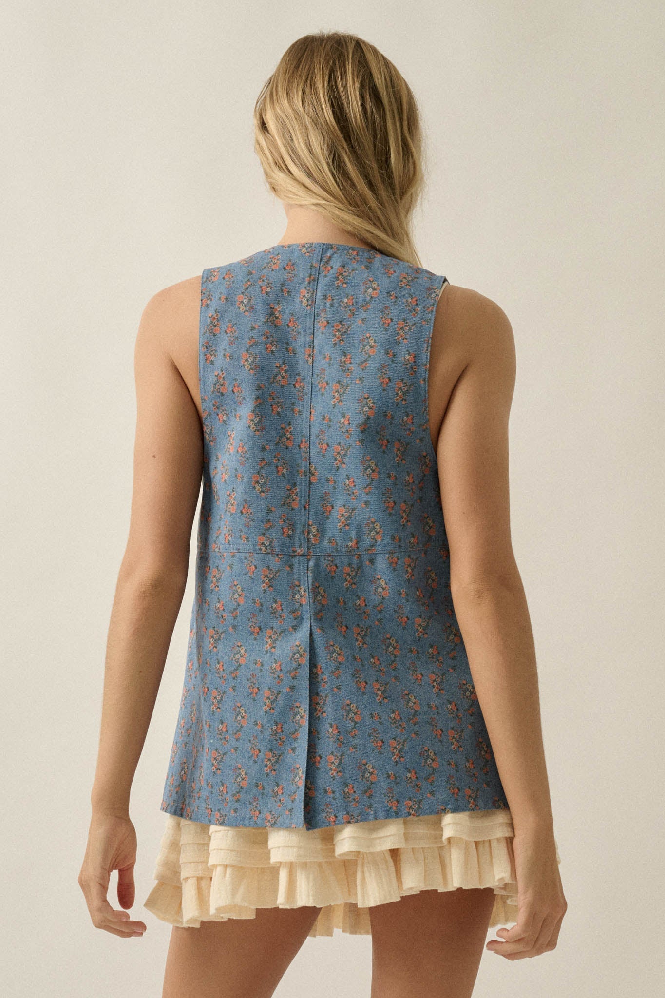 Denim Petals Floral-Print Denim Snap-Front Vest