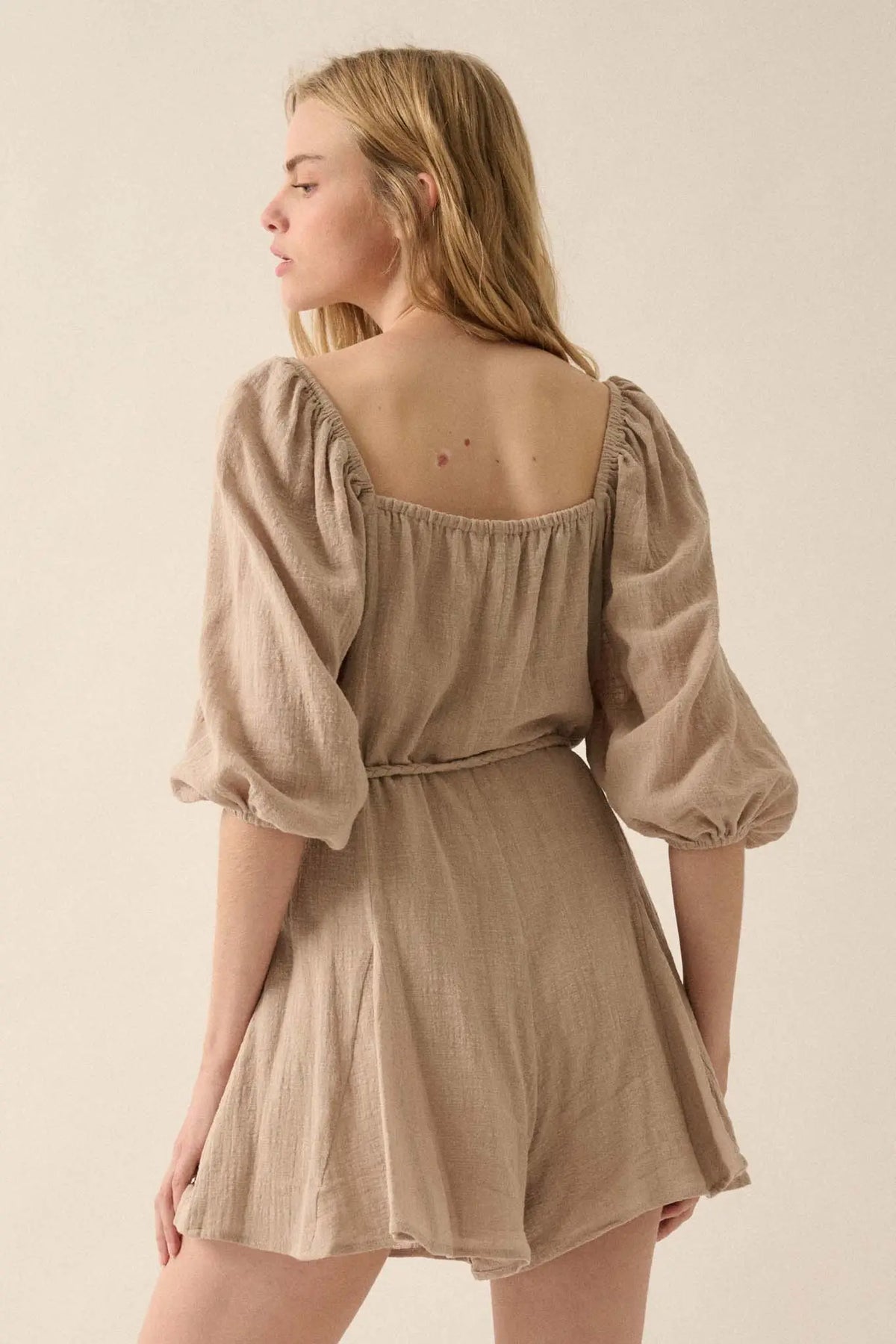 Refreshing Breeze Belted Puff-Sleeve Romper