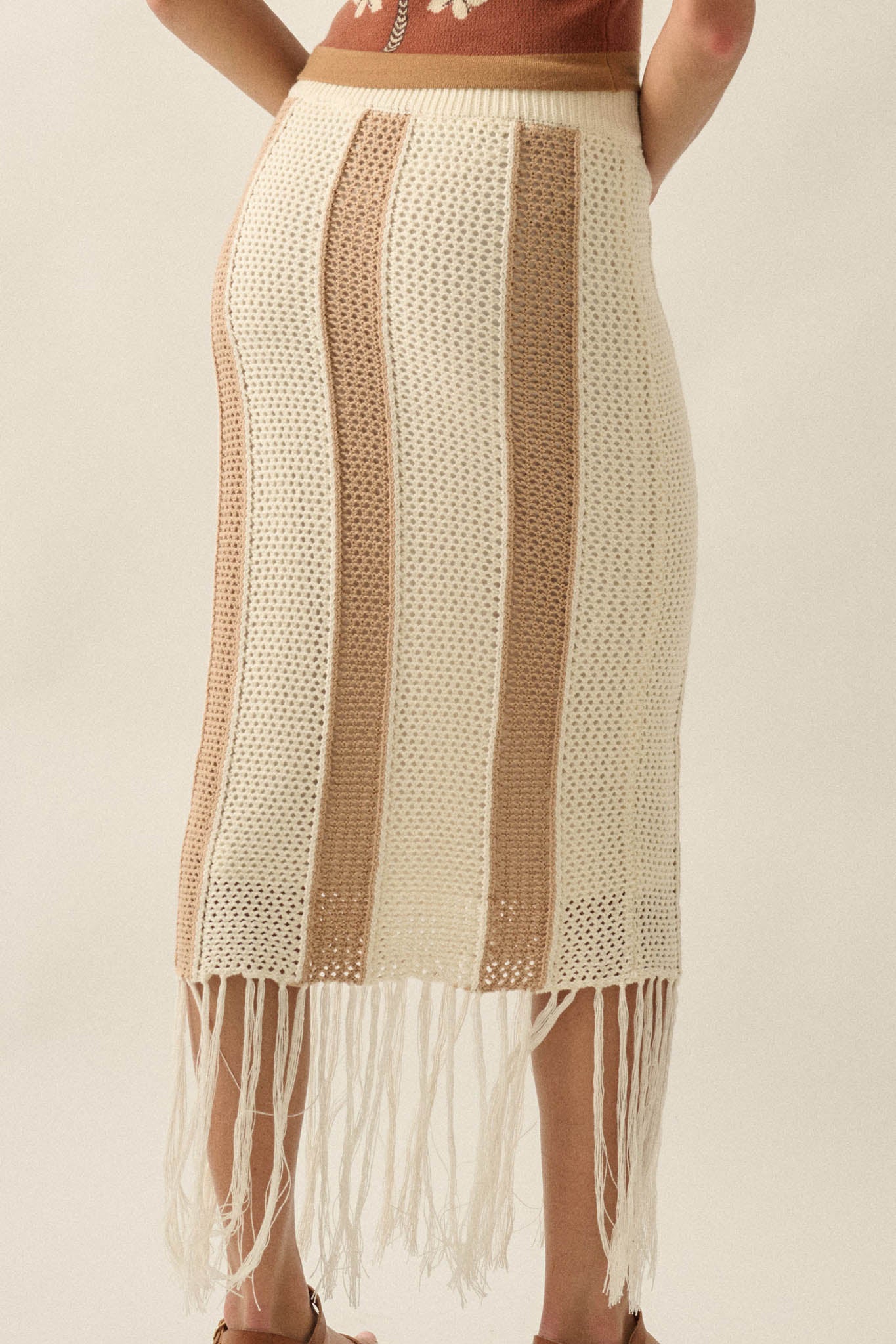 Someday Soon Striped Crochet-Knit Fringe Midi Skirt