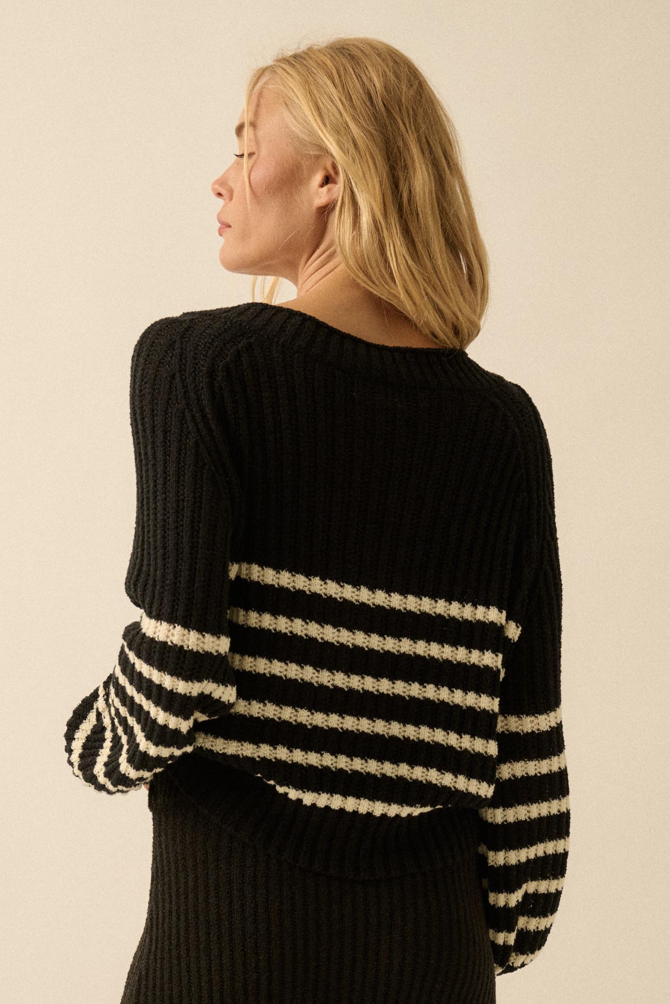 Promise the Label Striped Rib-Knit V-Neck Sweater