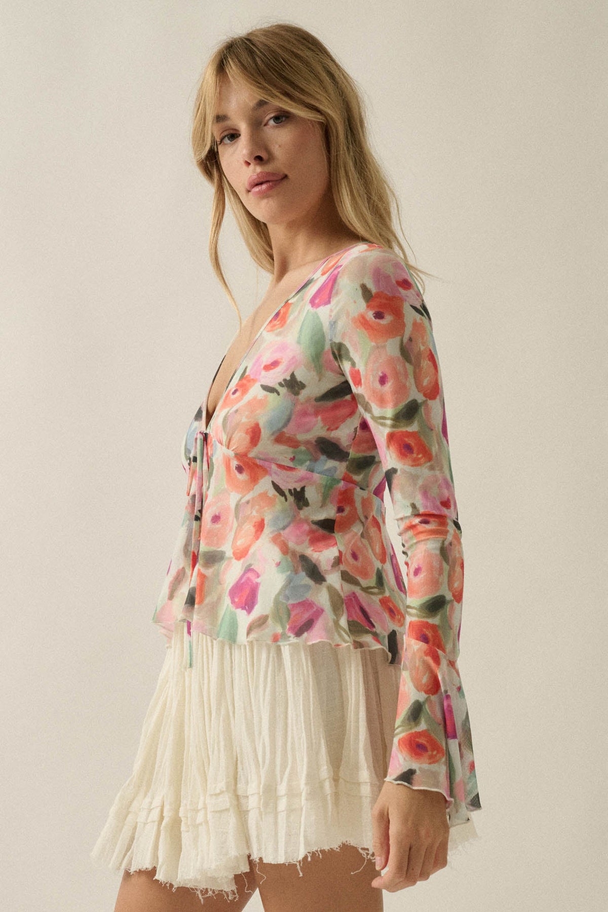 Blooming Brushstrokes Floral Mesh Bell-Sleeve Top