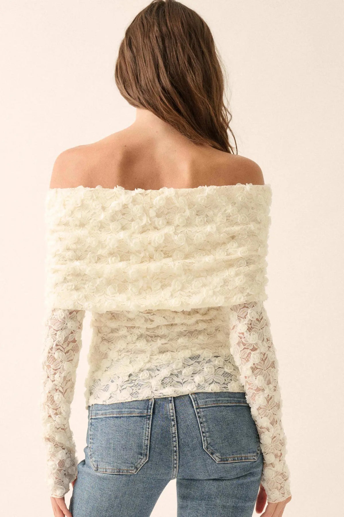 Good Graces Floral Lace Off-Shoulder Thumbhole Top