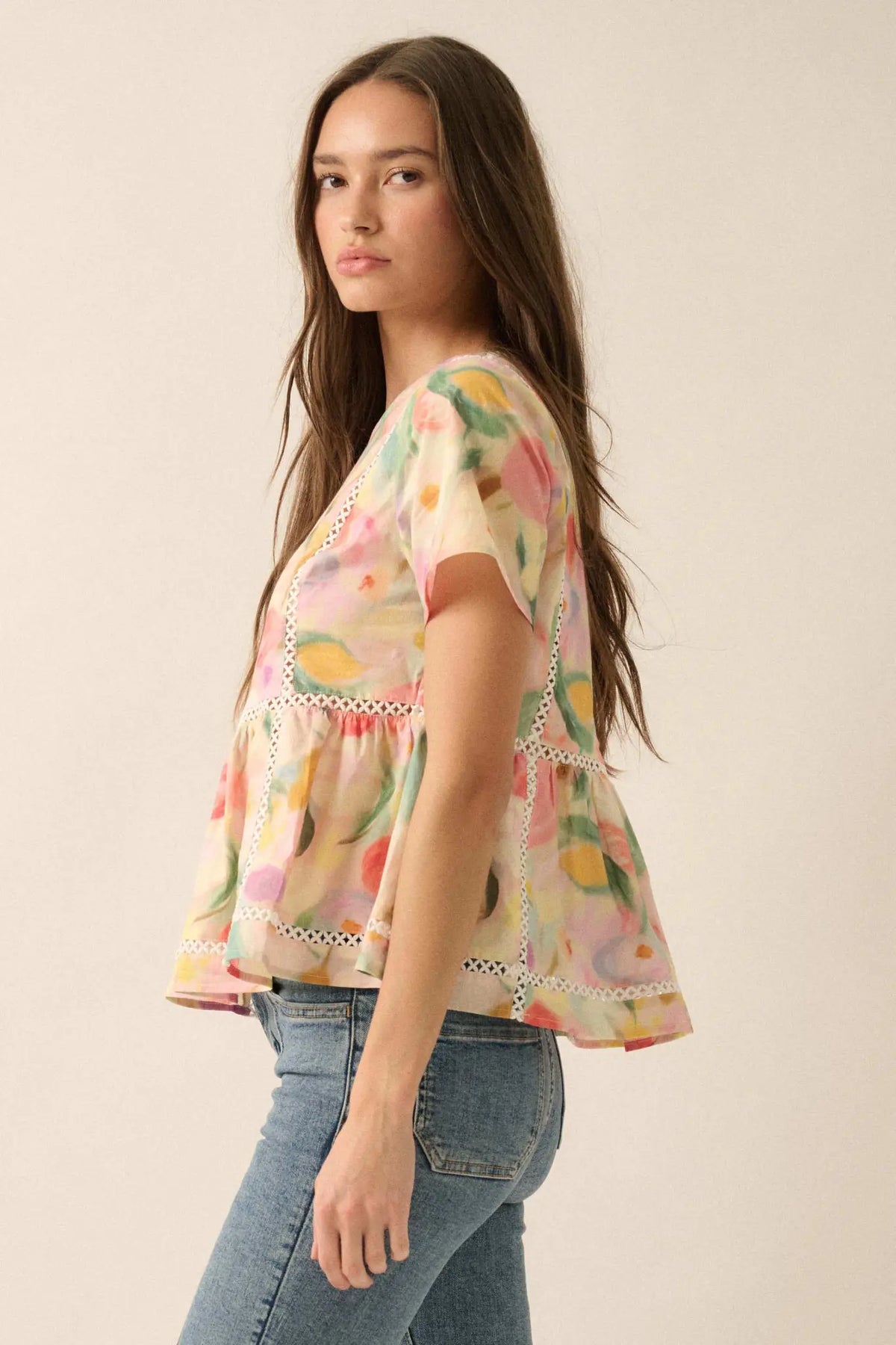 Graceful Blossoms Lace-Trim Floral Babydoll Top
