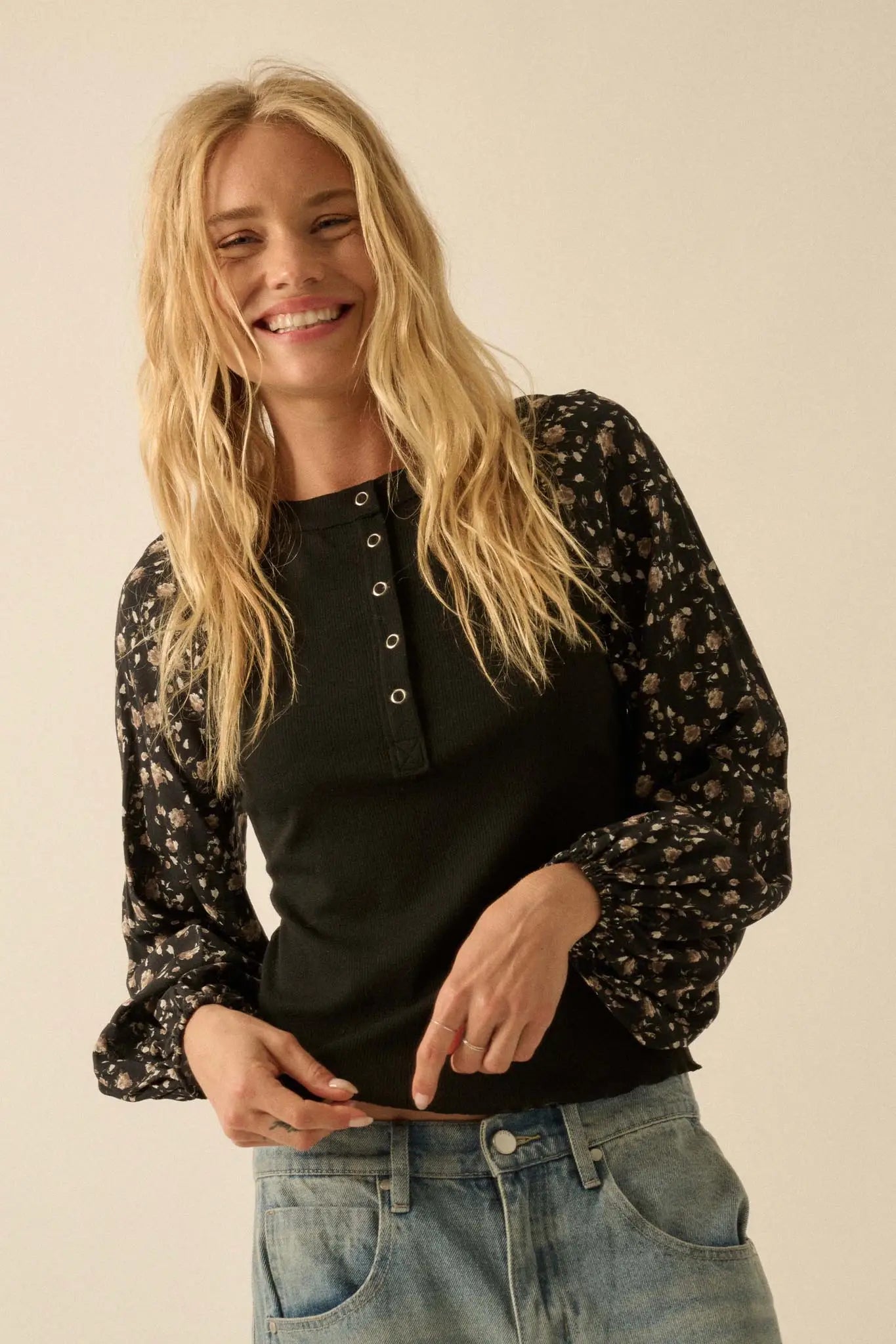 Almost Home Floral Bubble-Sleeve Henley Top