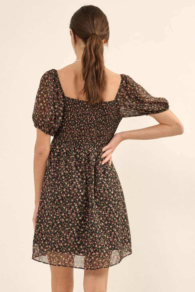 Roses are Red Floral Chiffon Mini Peasant Dress