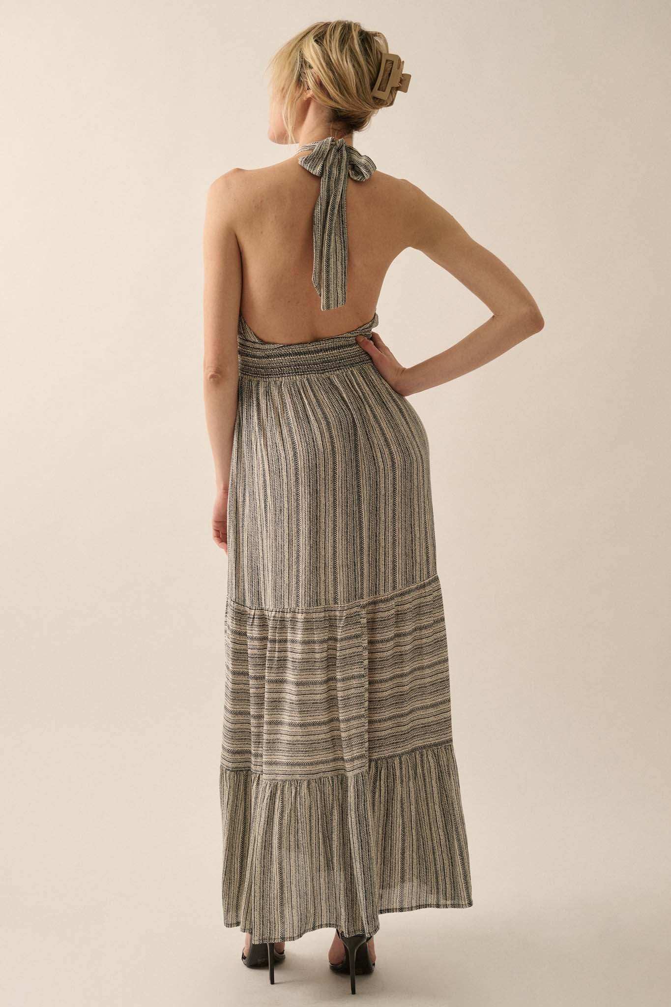 Soul Journey Striped Cross-Front Halter Maxi Dress
