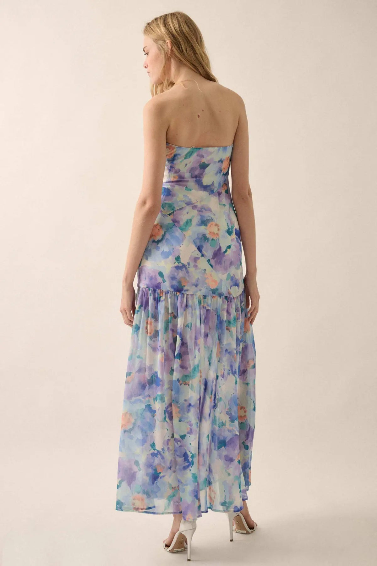 Garden Glow Floral Chiffon Strapless Maxi Dress