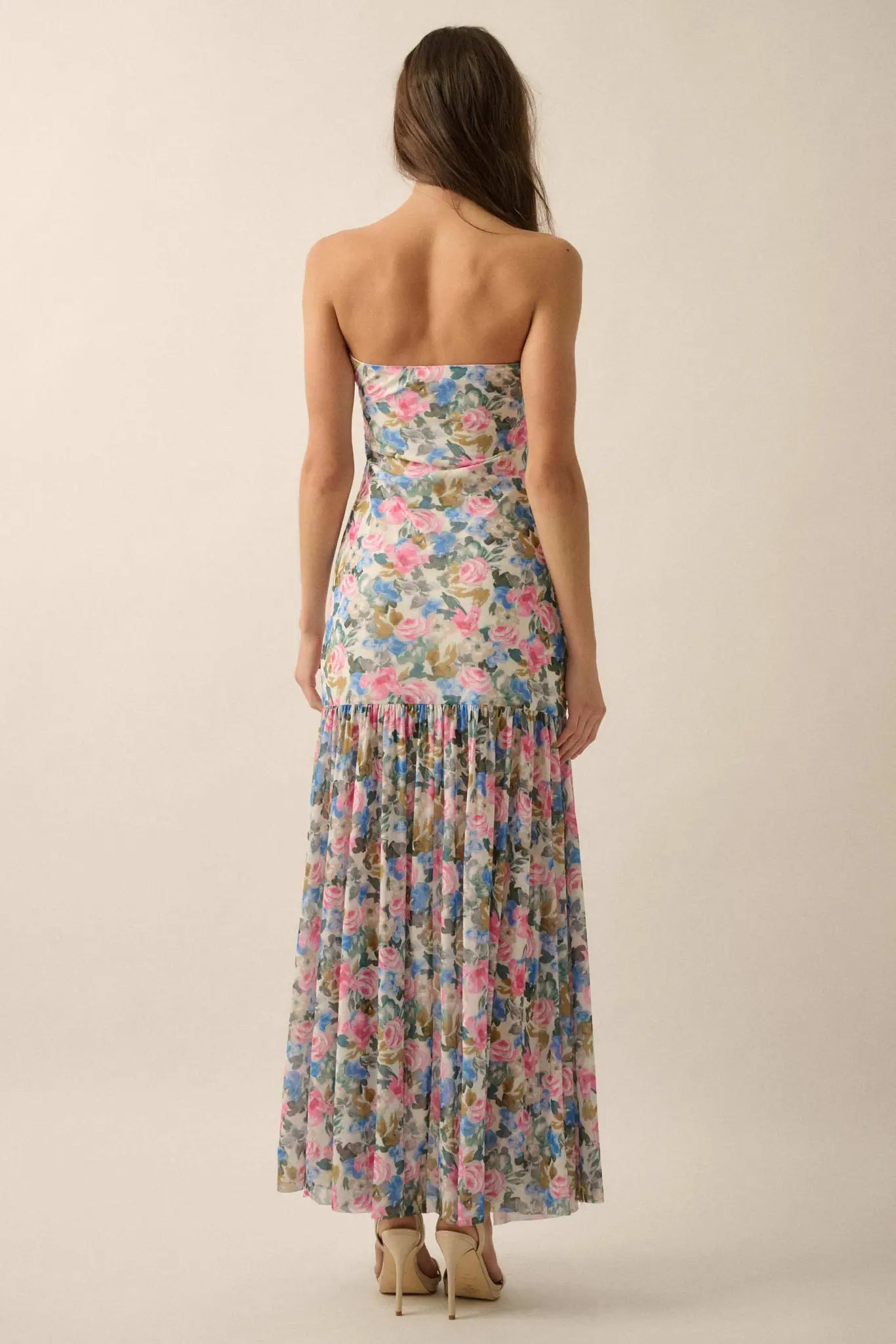 Fresh Petals Strapless Floral Mesh Maxi Dress