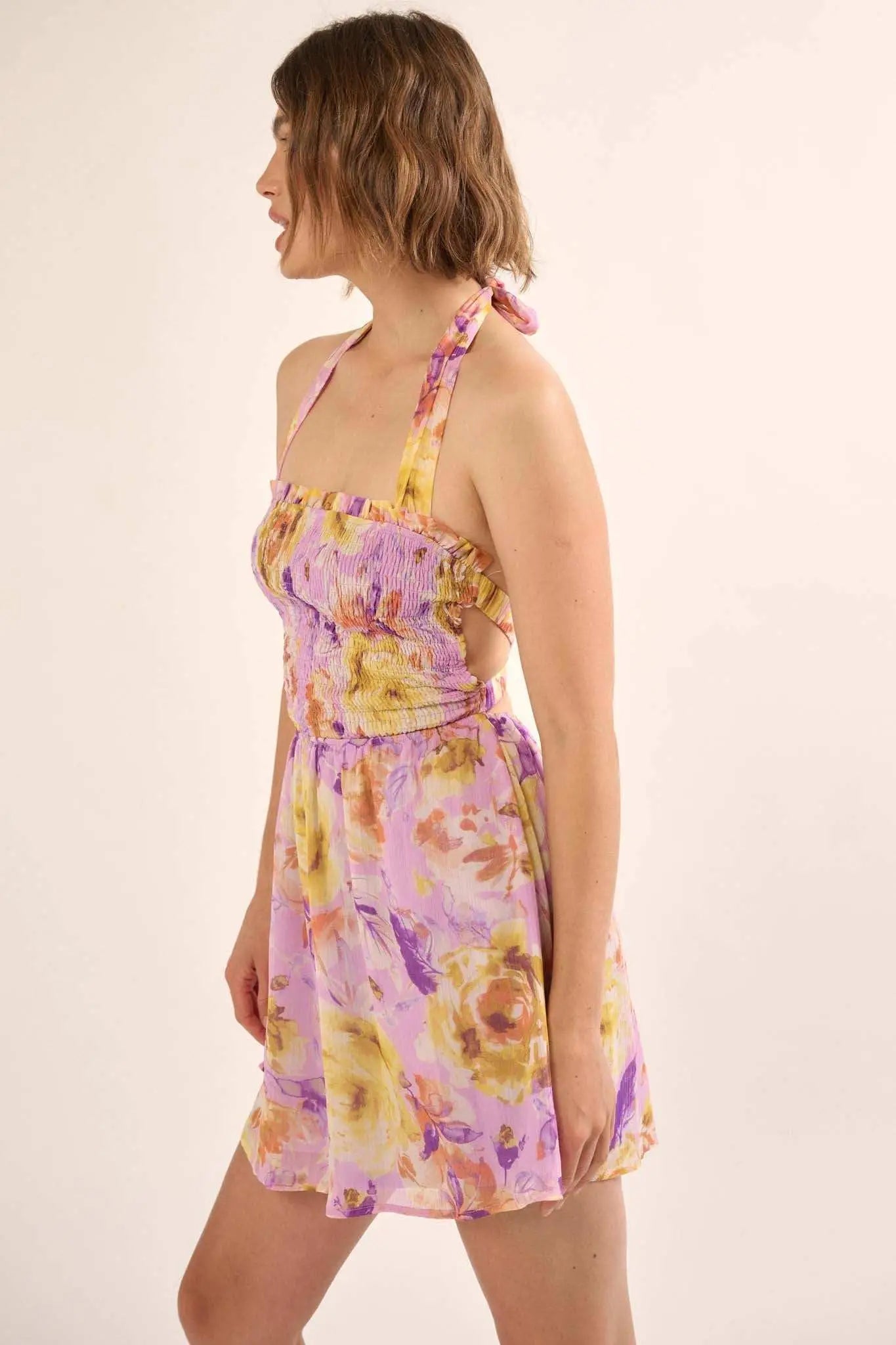 Orchid Skies Floral Chiffon Halter Mini Sundress